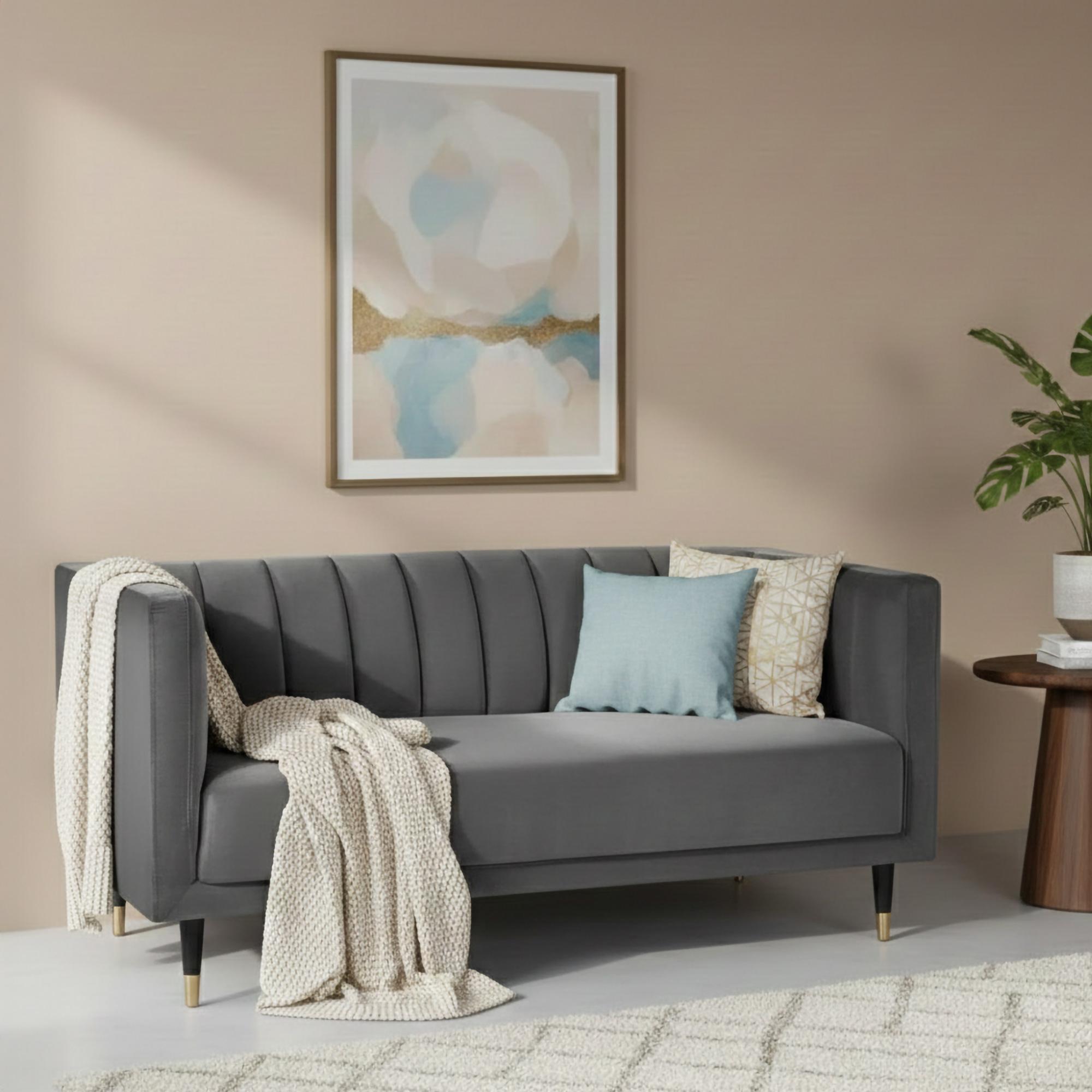 Salma Grey Fabric Sofa - 2 Seater - Scalloped Back