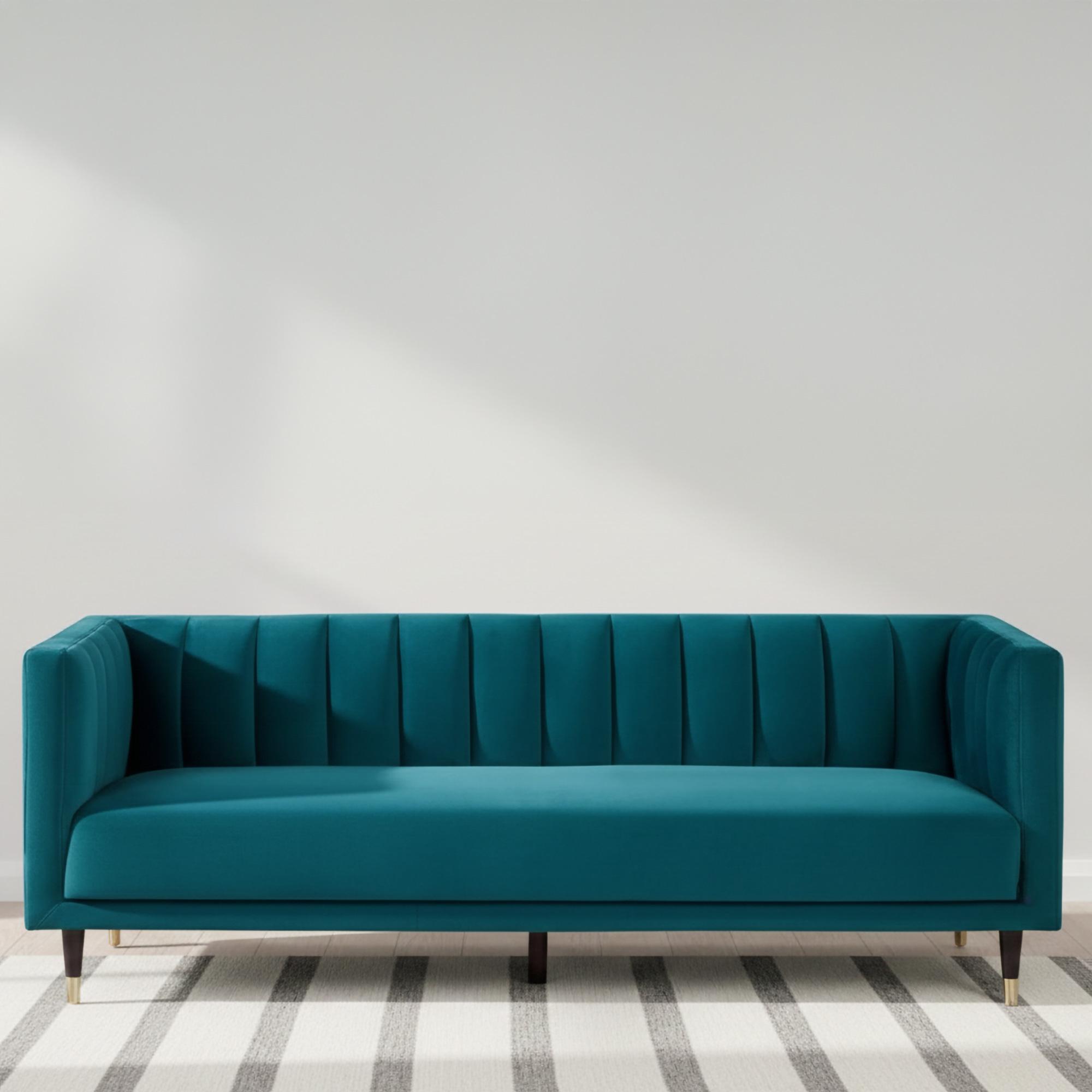 Salma Teal Fabric Sofa - 3 Seater - Scalloped Back