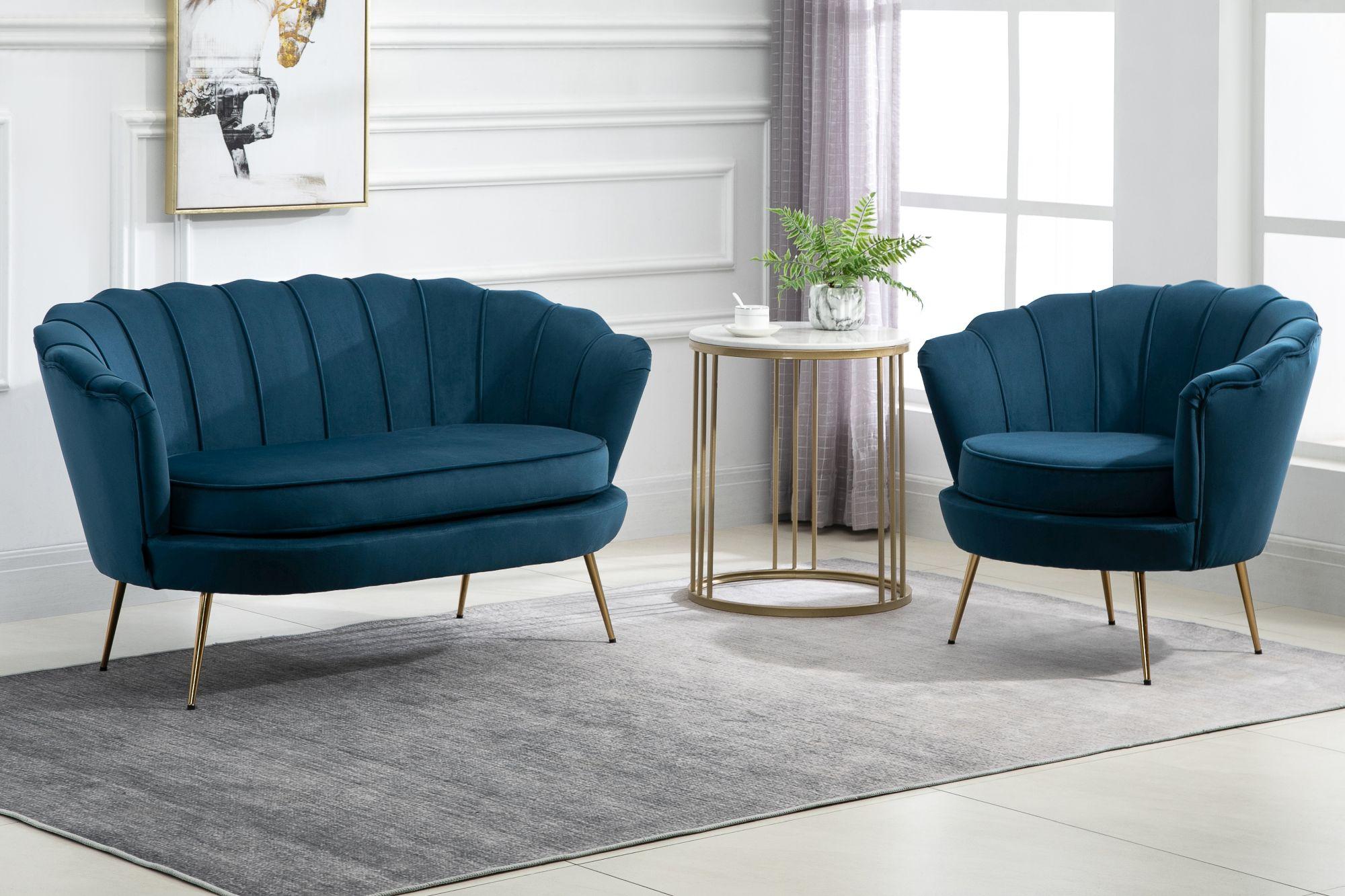 Ariel Sofa with Gold Legs - 2 Seater - Blue Velvet Fabric