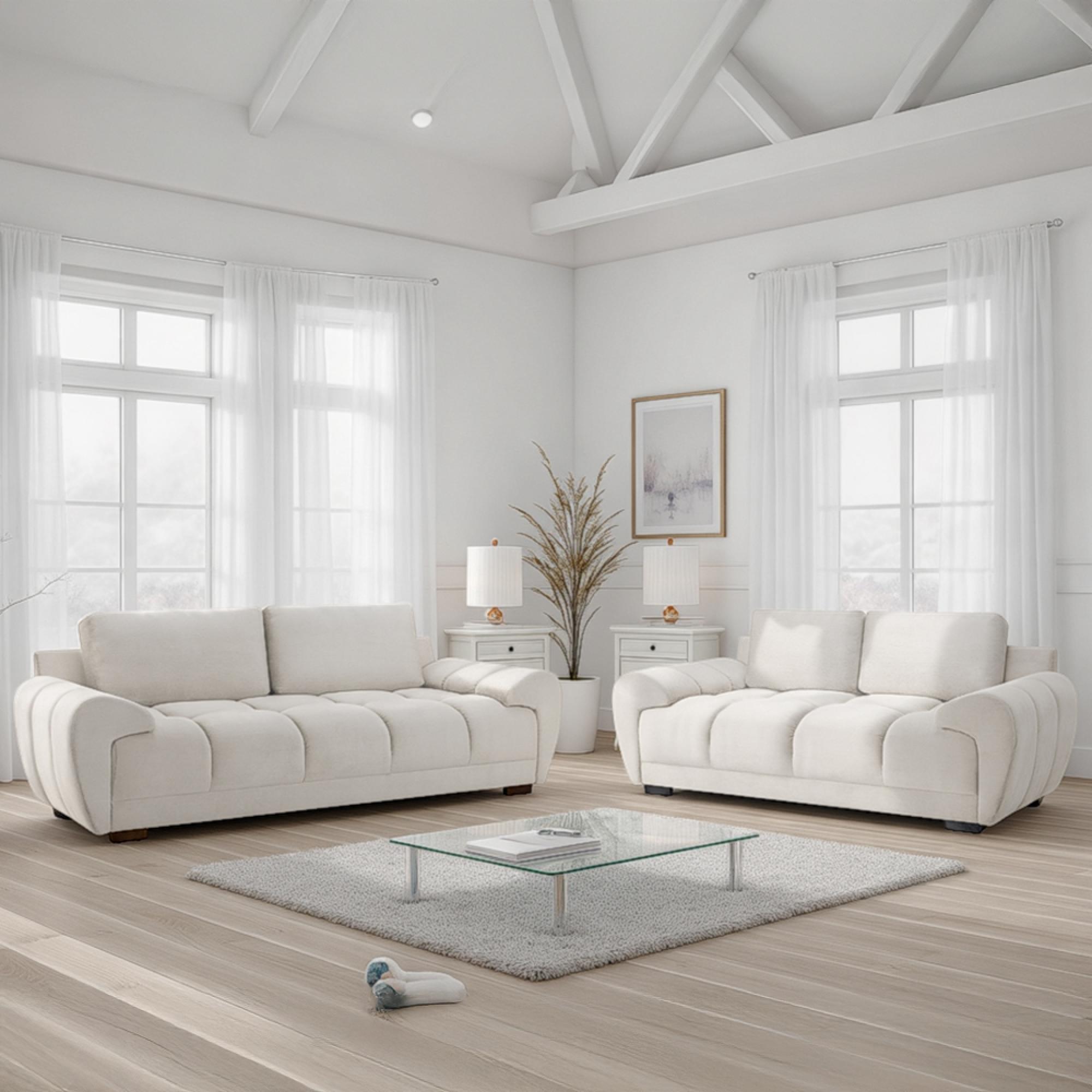 Azzuro Sofa Set - Cream Velvet Fabric - 3+2 Seater