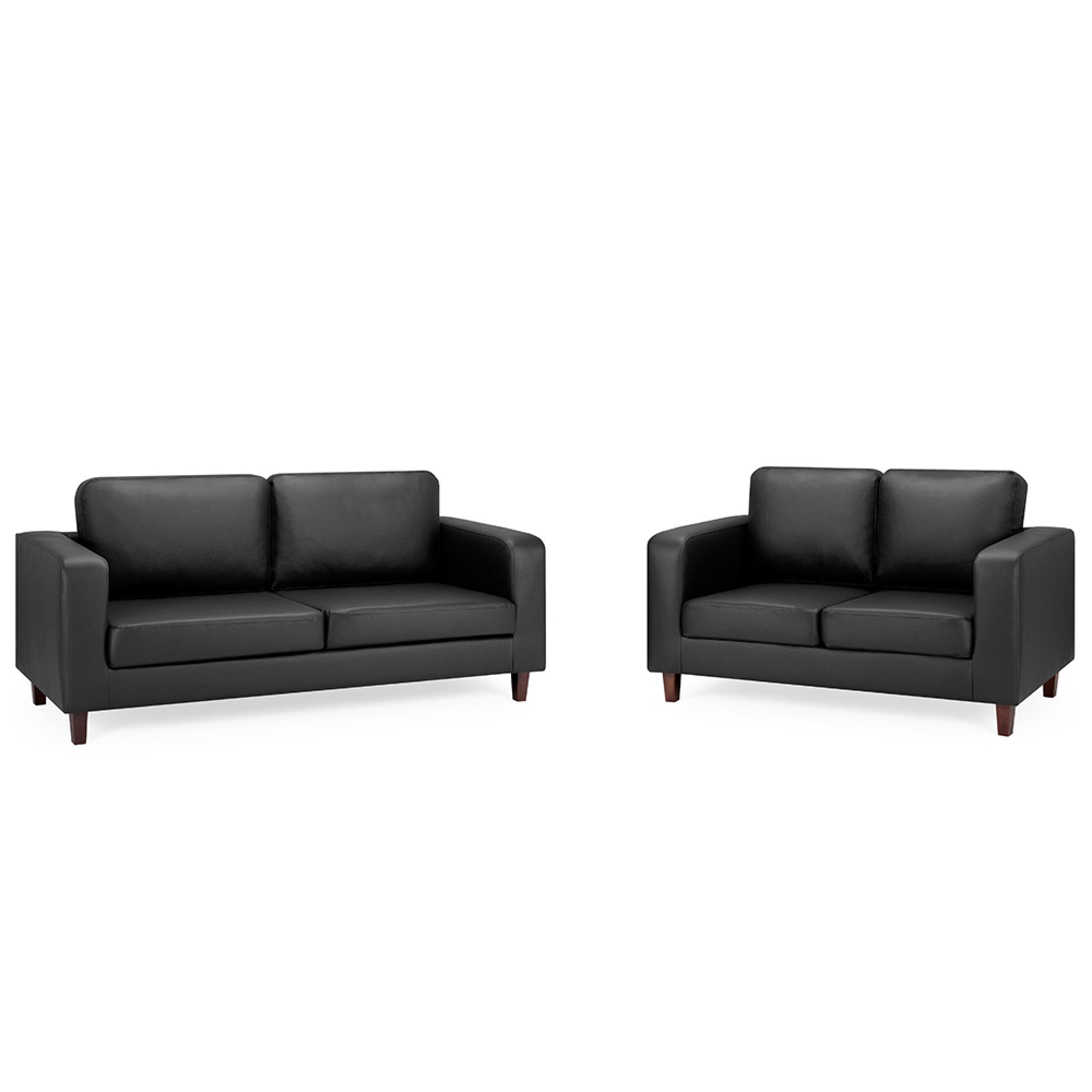 Box Sofa Set - Black Faux Leather - 3+2 Seater