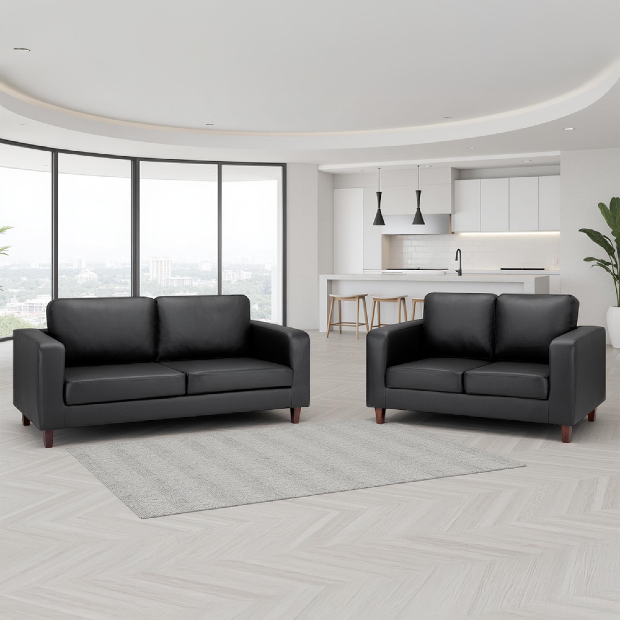 Box Sofa Set - Black Faux Leather - 3+2 Seater