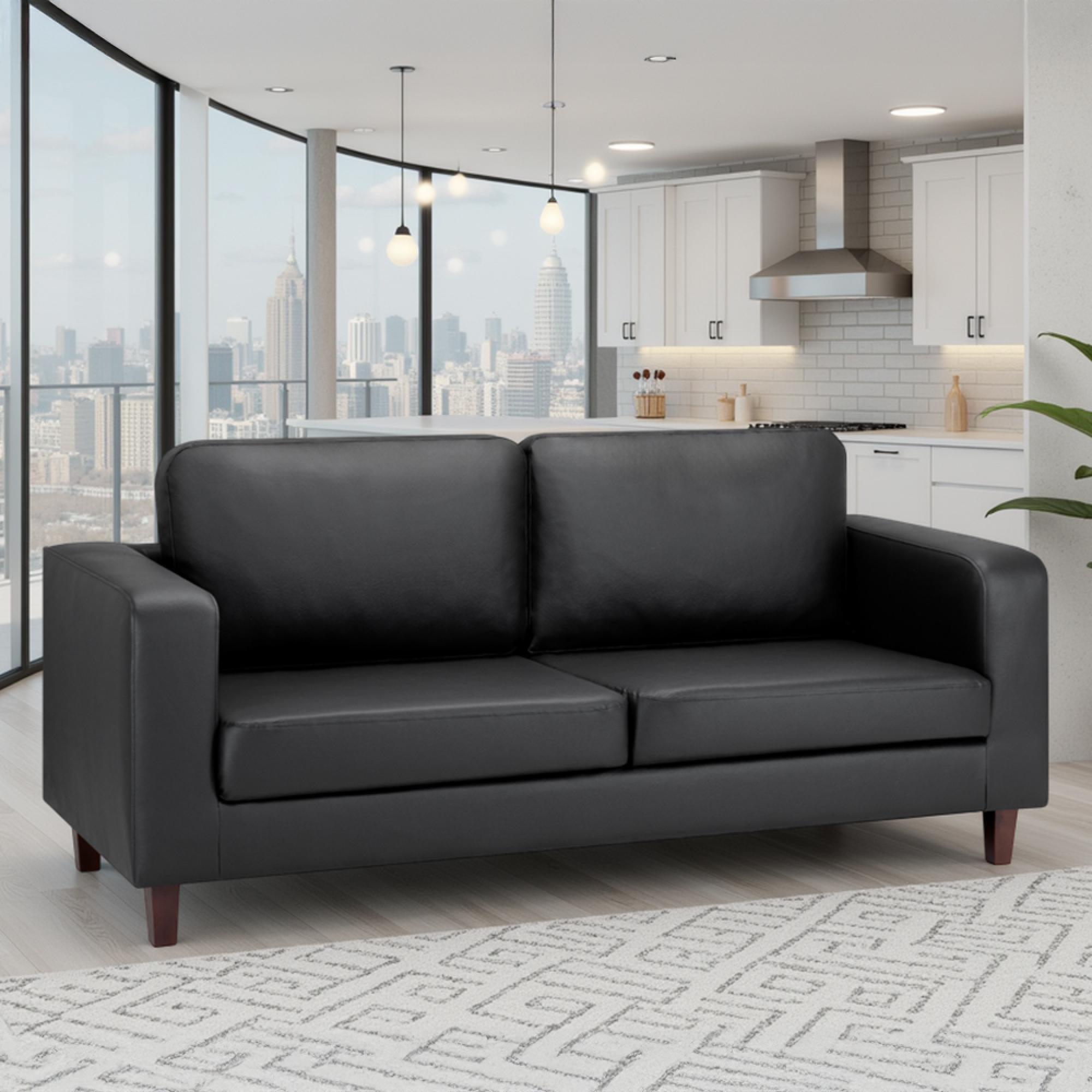 Box Sofa - Black Faux Leather - 3 Seater