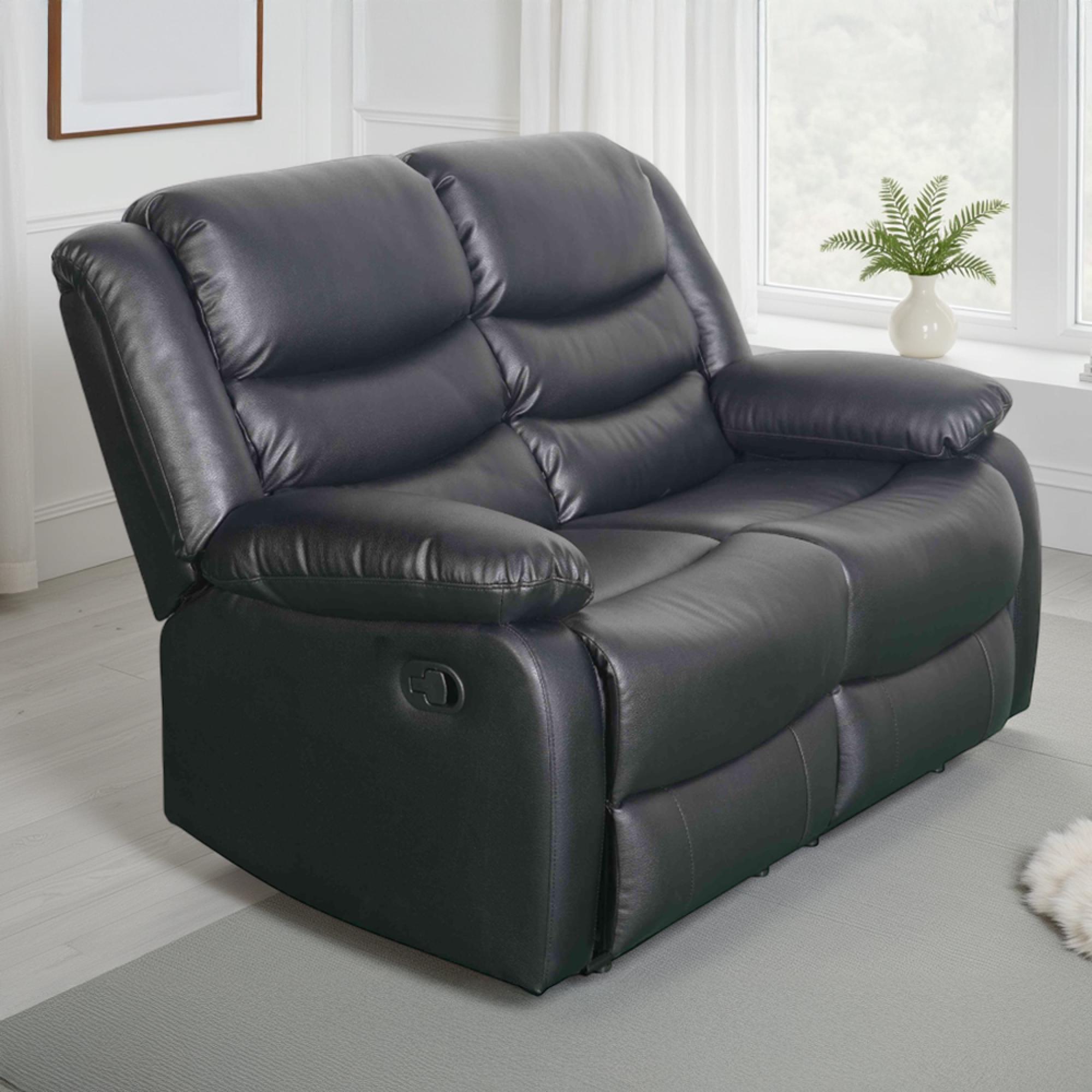 Conrad Manual Recliner Sofa - Black Leather - 2 Seater