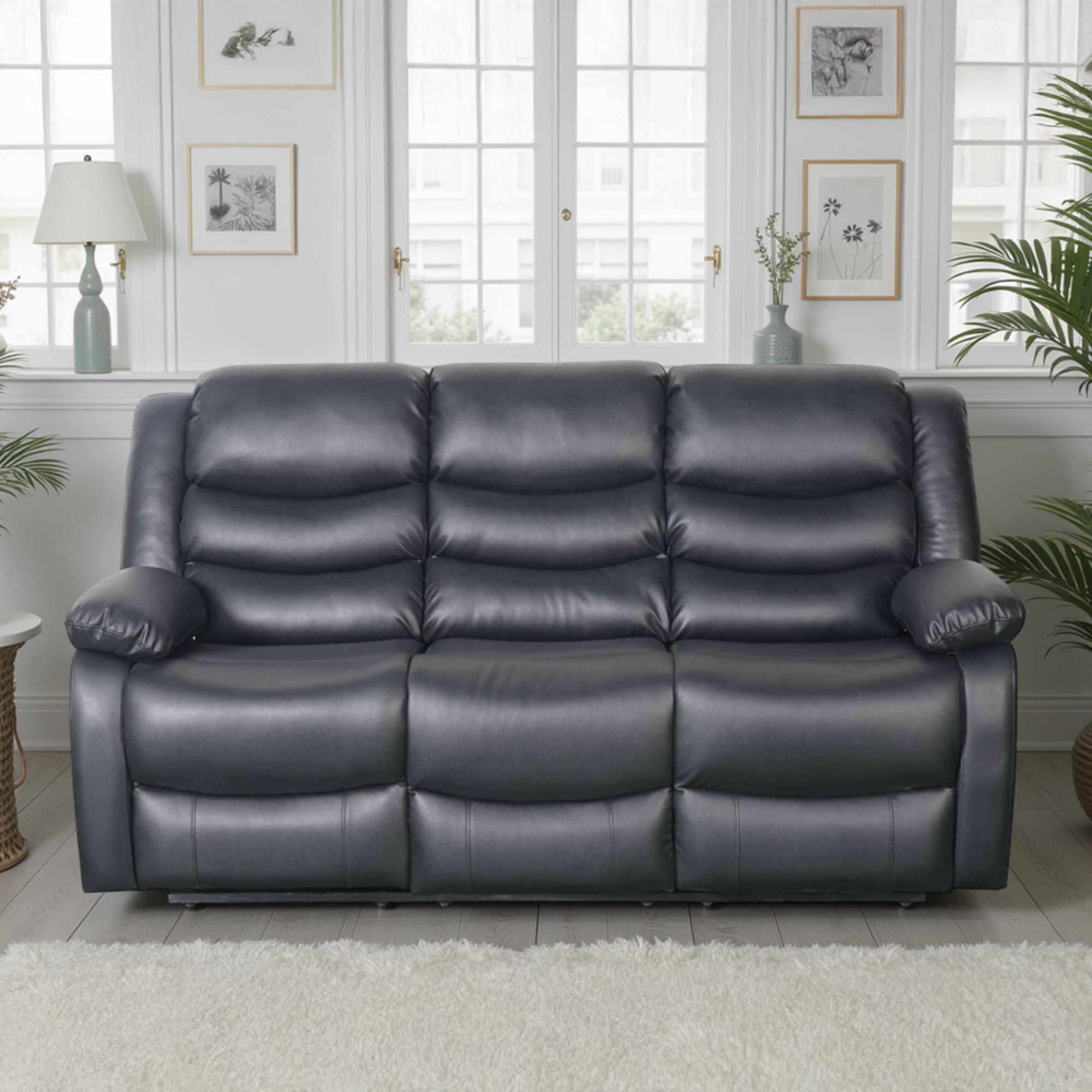 Conrad Manual Recliner Sofa Set - Black Leather - 3+1+1 Seater
