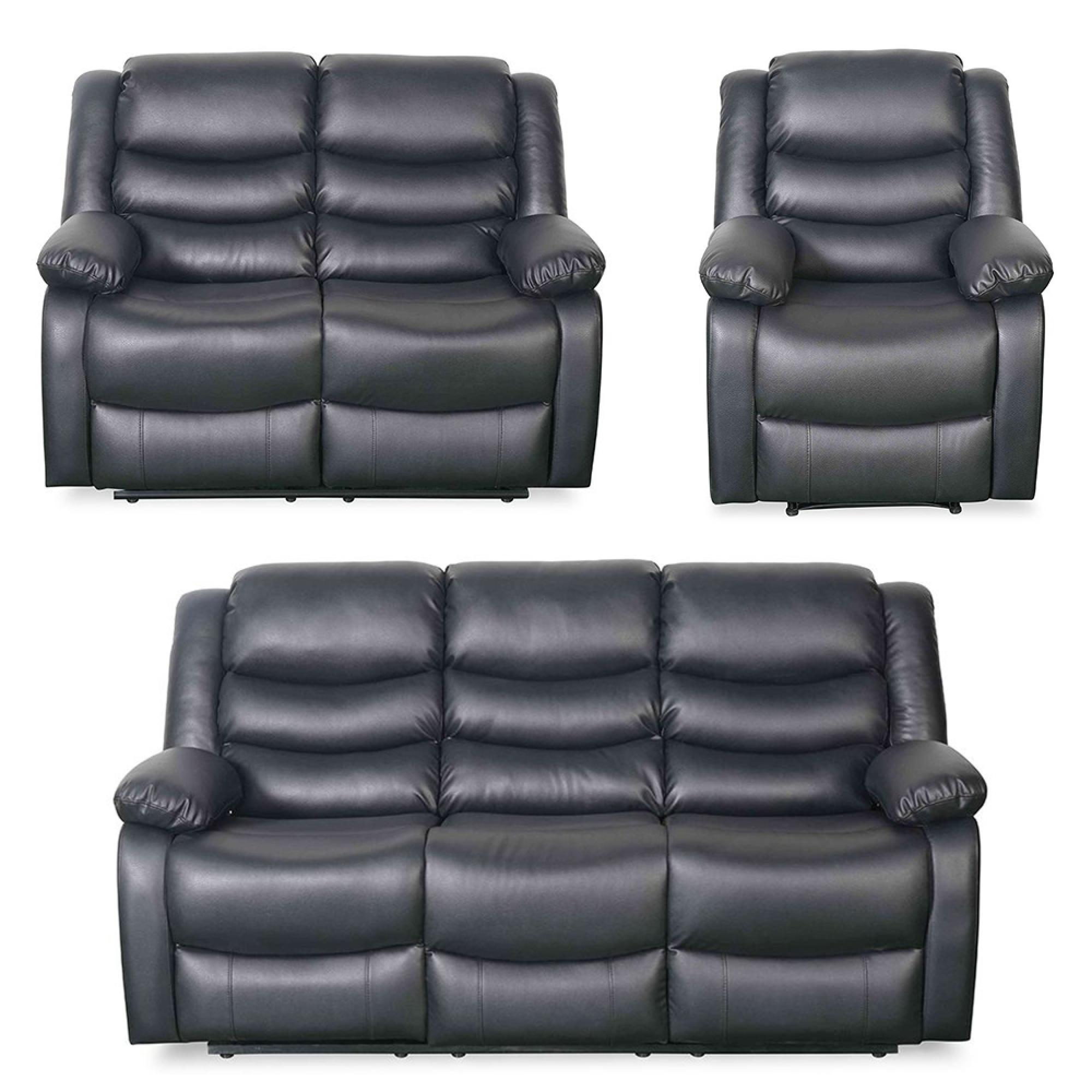 Conrad Manual Recliner Sofa Set - Black Leather - 3+2+1 Seater