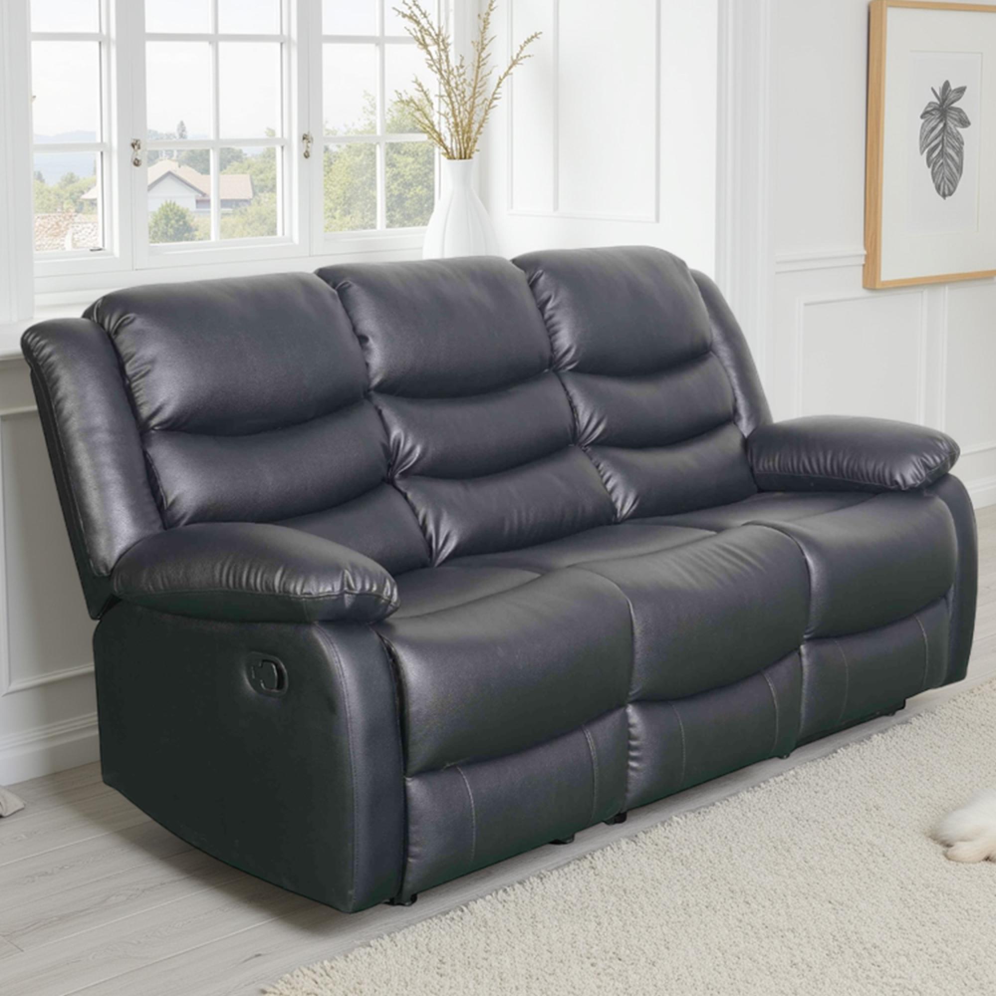 Conrad Manual Recliner Sofa - Black Leather - 3 Seater