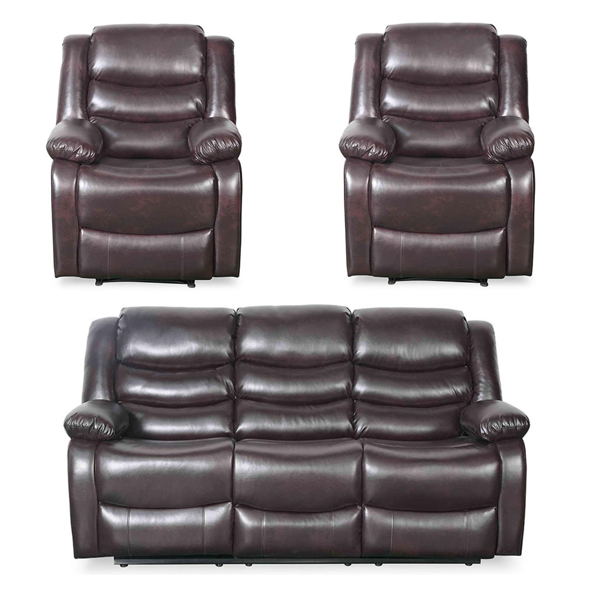 Conrad Manual Recliner Sofa Set - Brown Leather - 3+1+1 Seater