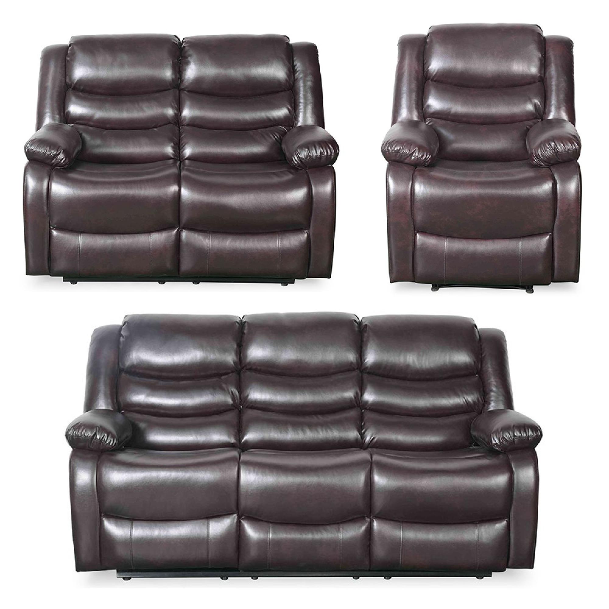 Conrad Manual Recliner Sofa Set - Brown Leather - 3+2+1 Seater
