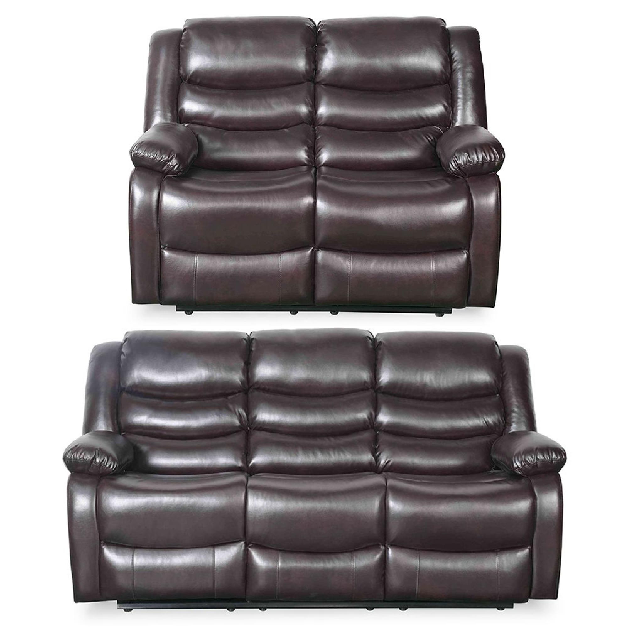 Conrad Manual Recliner Sofa Set - Brown Leather - 3+2 Seater