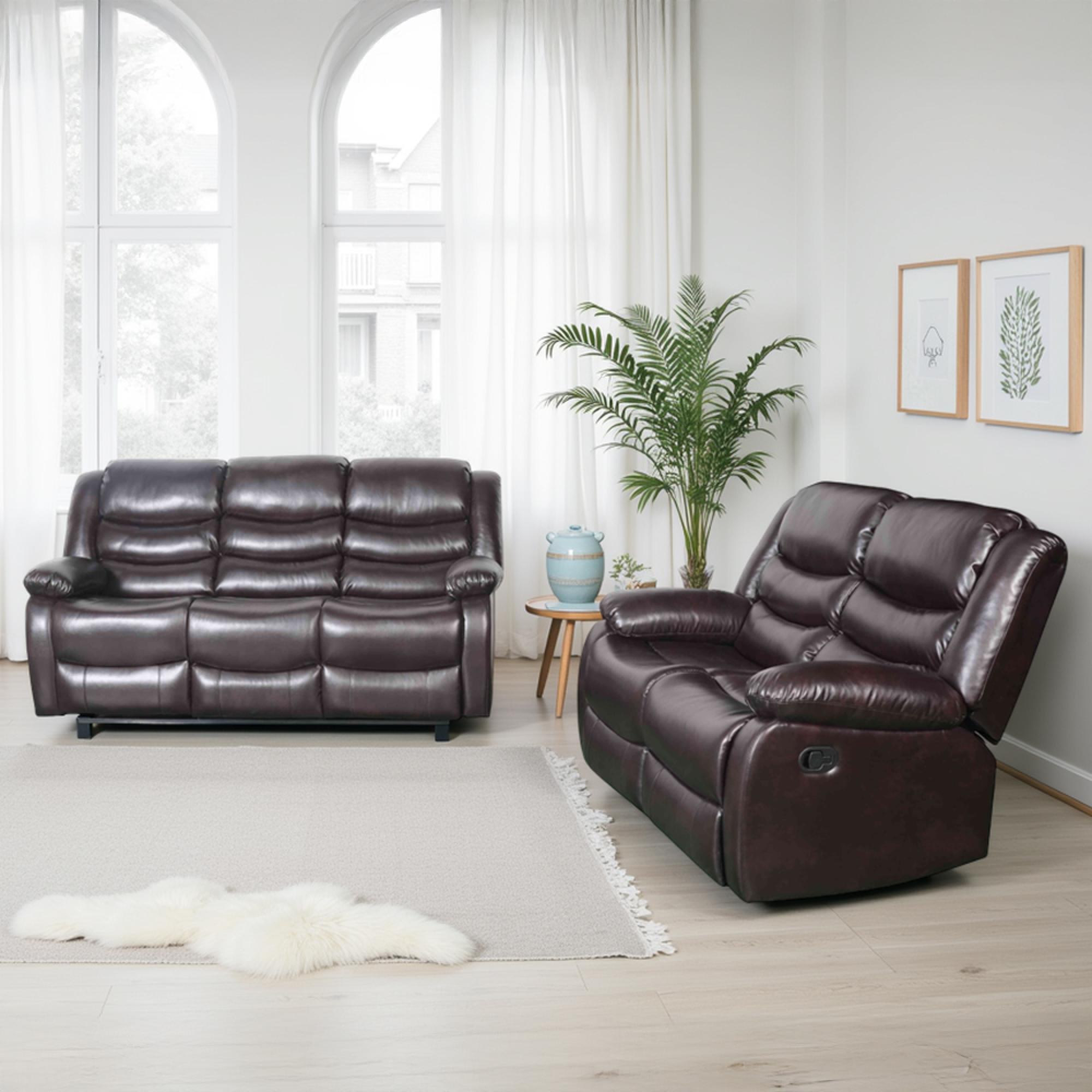 Conrad Manual Recliner Sofa Set - Brown Leather - 3+2 Seater