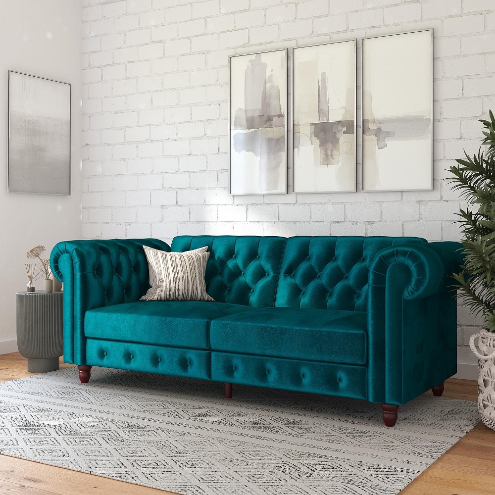 Felix Chesterfield Sofa Bed - Teal Velvet Fabric - 2258979UK