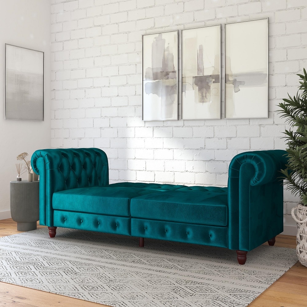 Felix Chesterfield Sofa Bed - Teal Velvet Fabric - 2258979UK