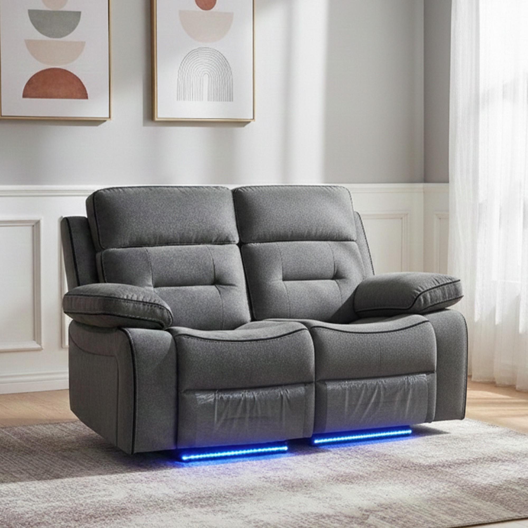 Foster Recliner Sofa - 2 Seater - Grey Fabric - LED Lights