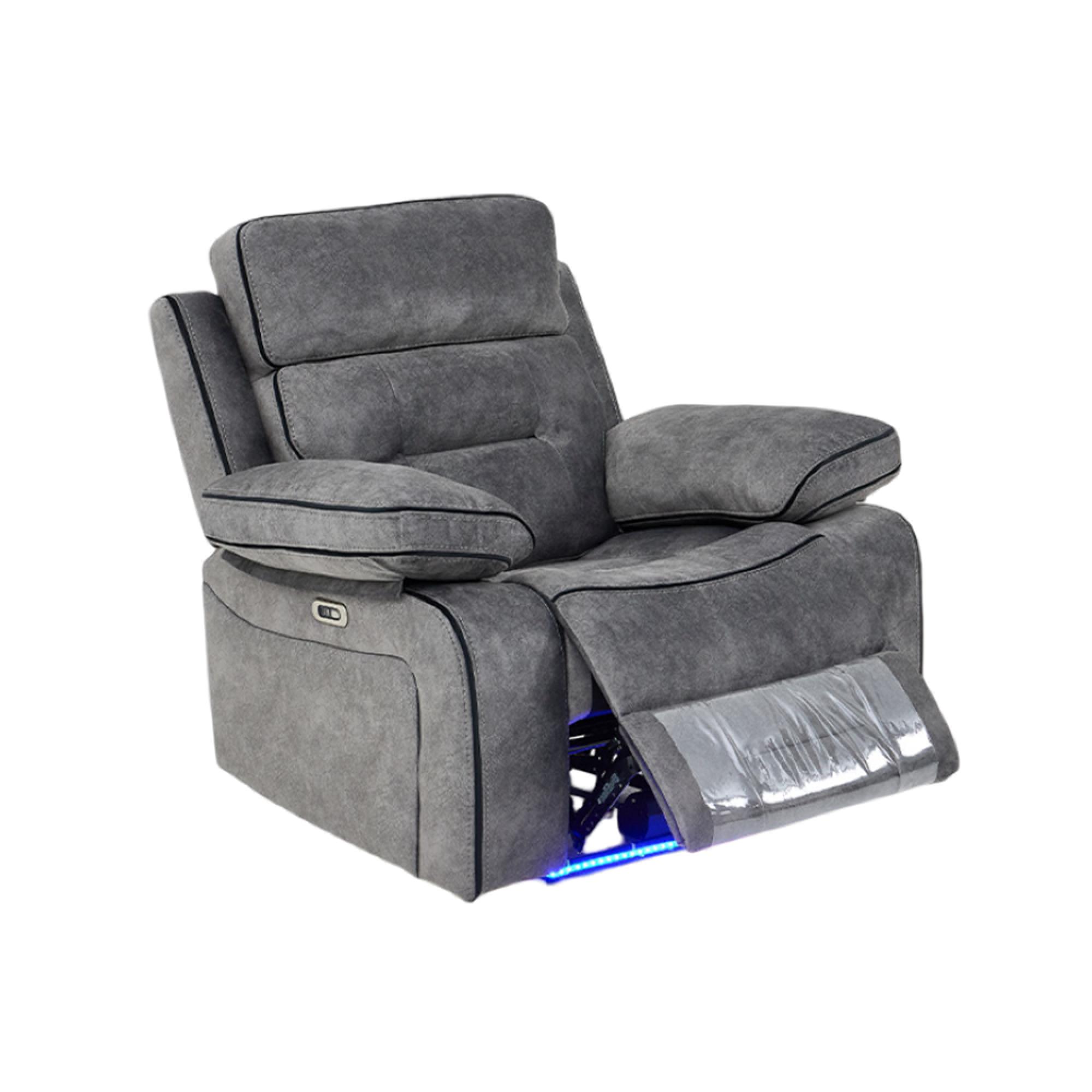 Foster Recliner Sofa Set - 3+2+1 Seater - Grey Fabric - LED Lights - Drop-Down Table & Cup Holders