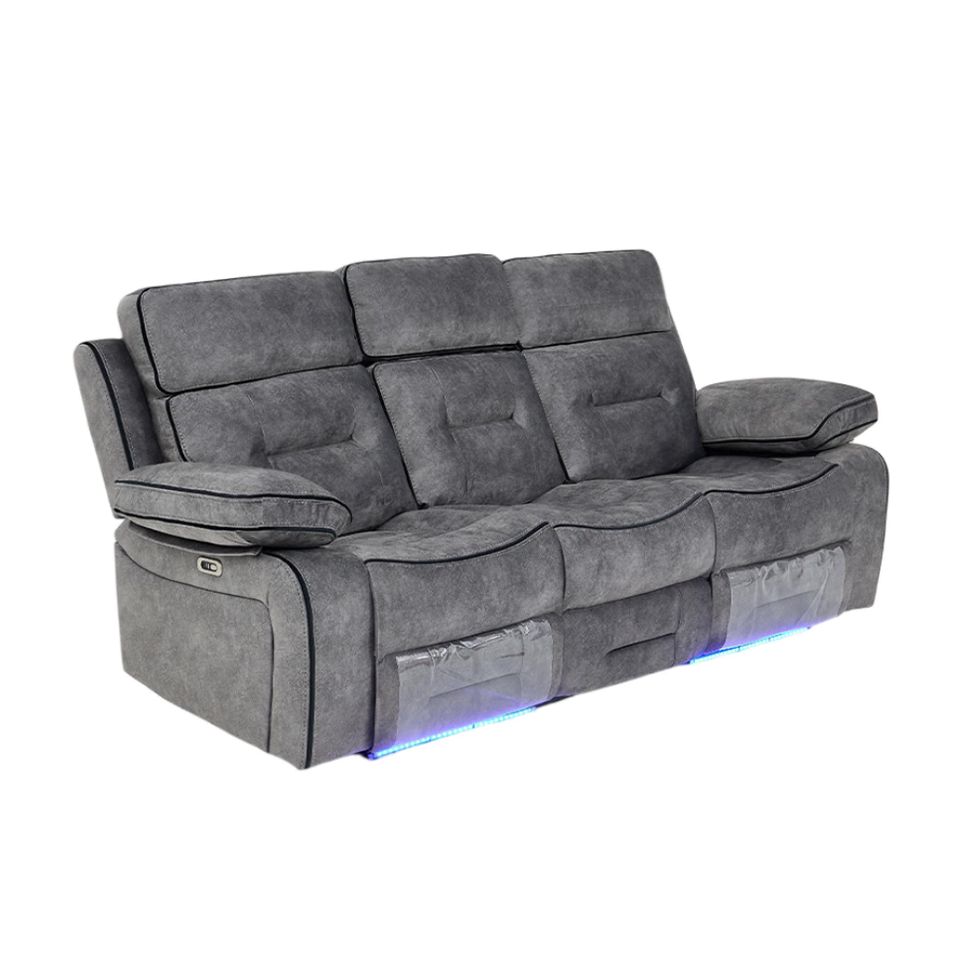 Foster Recliner Sofa - 3 Seater - Grey Fabric - LED Lights - Drop-Down Table & Cup Holders