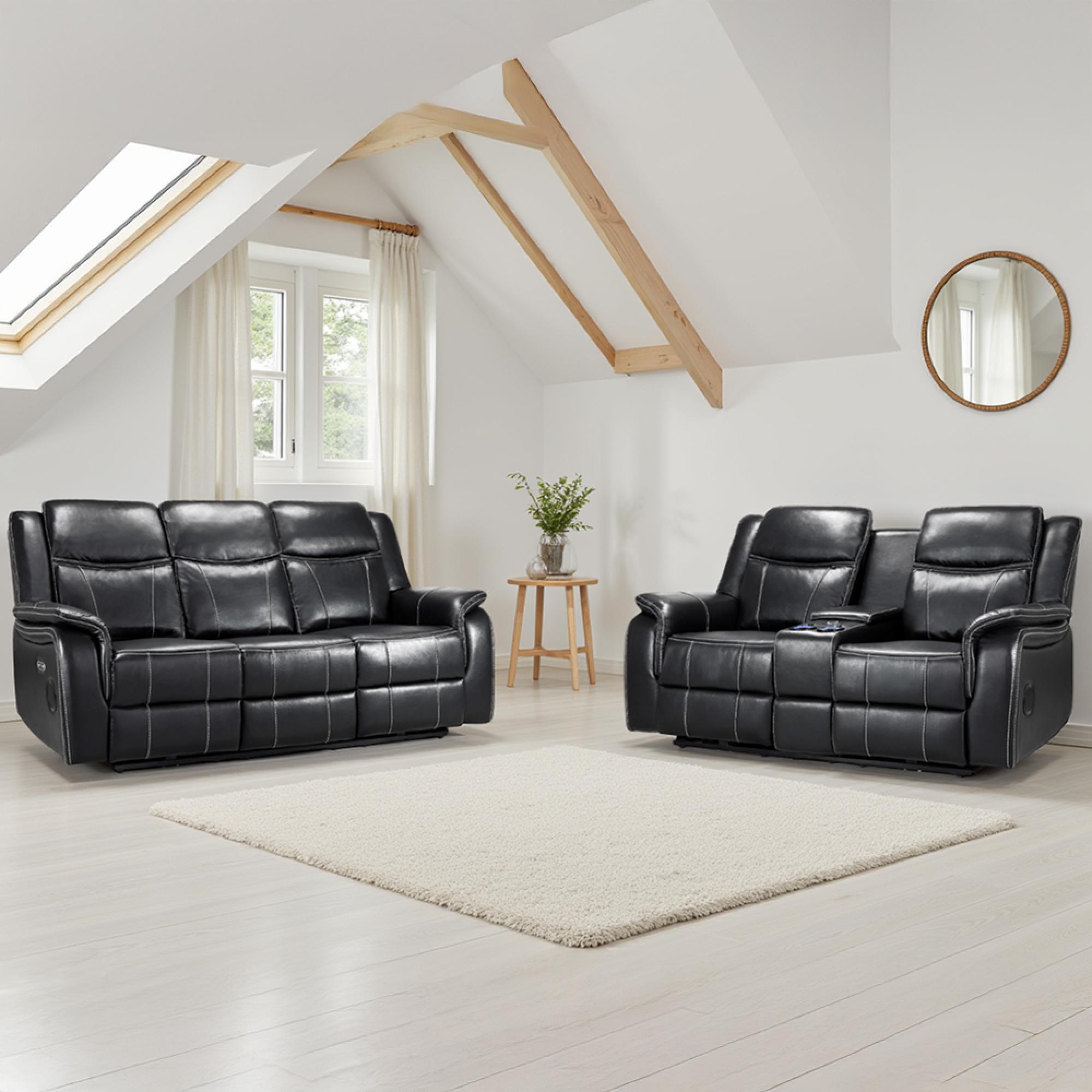 Galaxy Electric Recliner Sofa Set - Black Faux Leather - 3+2 Seater