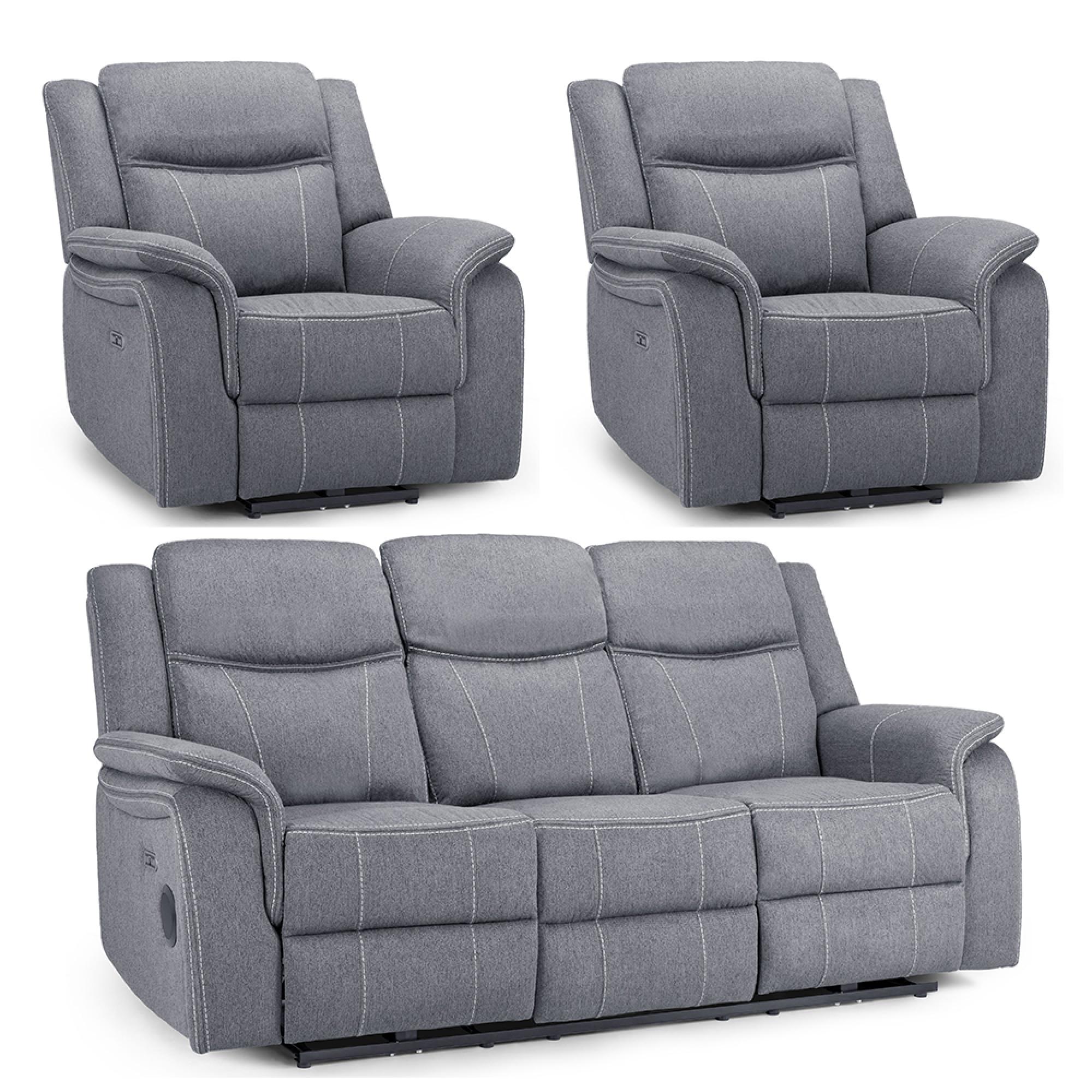Galaxy Electric Recliner Sofa Set - Grey Fabric - 3+1+1 Seater