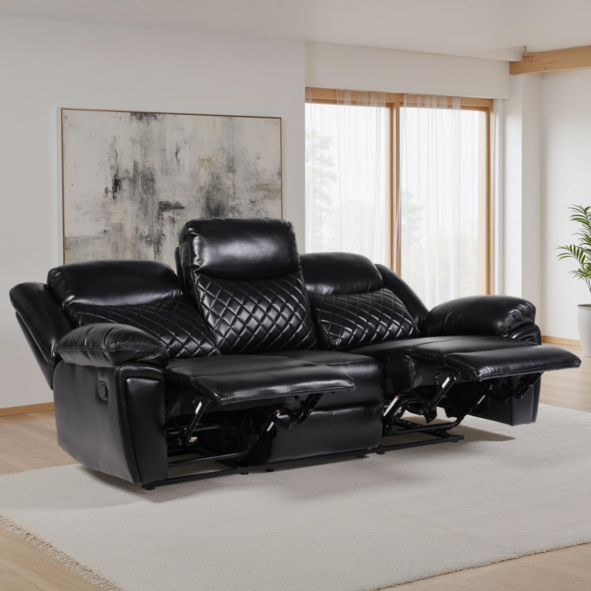 Myra Manual Recliner Sofa - Black Faux Leather - 3 Seater