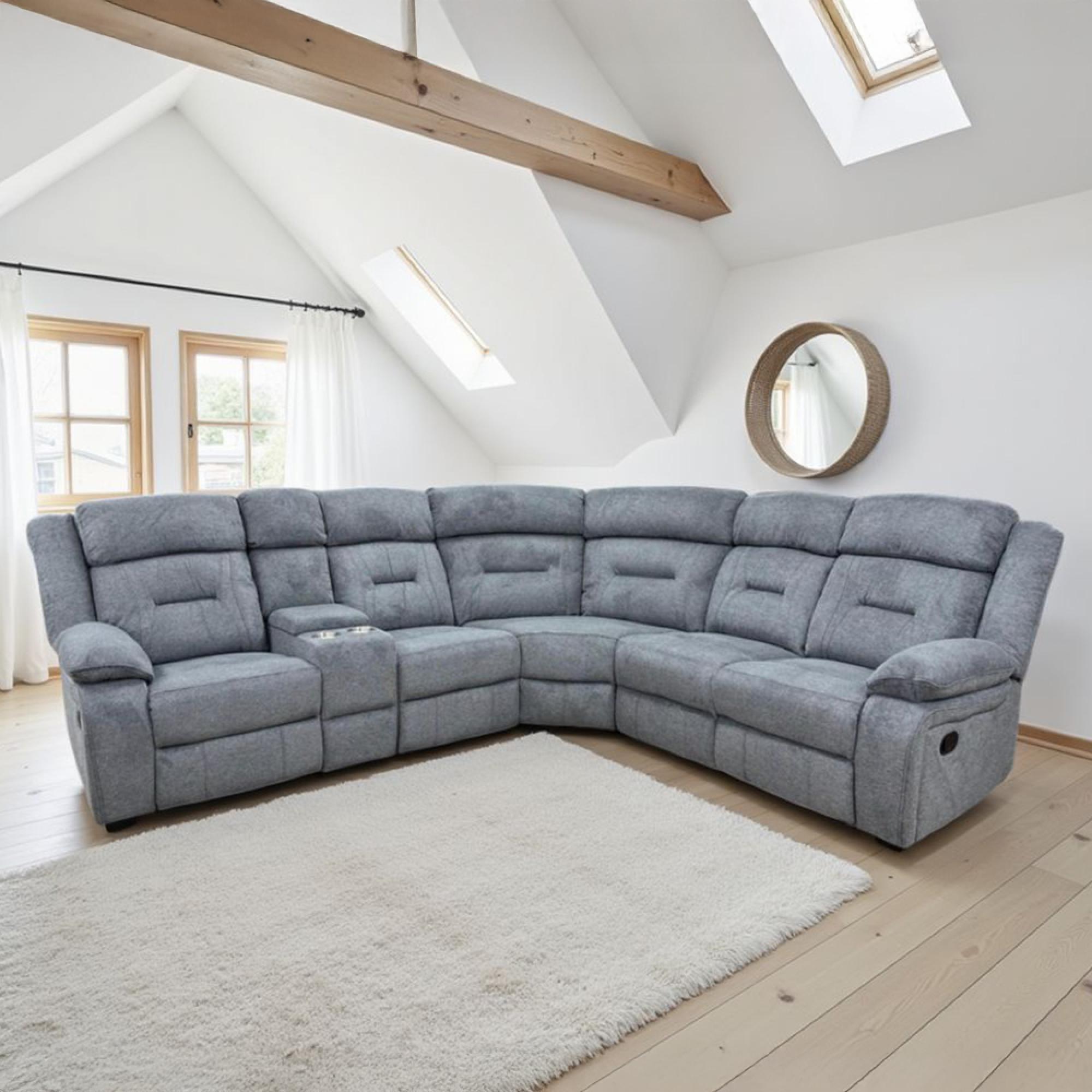 Novie Manual Recliner Corner Sofa - Grey Fabric