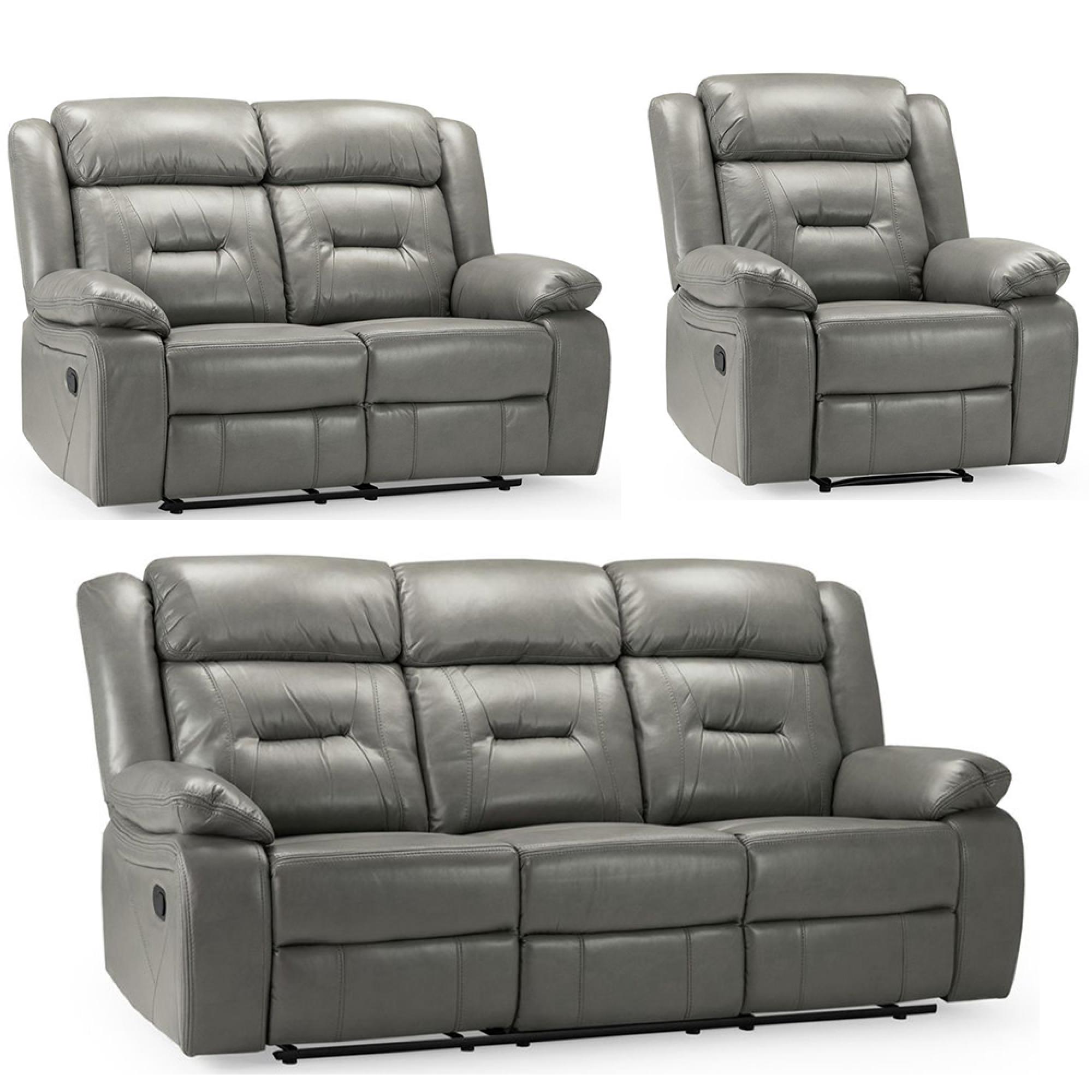 Novie Manual Recliner Sofa Set - Grey Faux Leather - 3+2+1 Seater