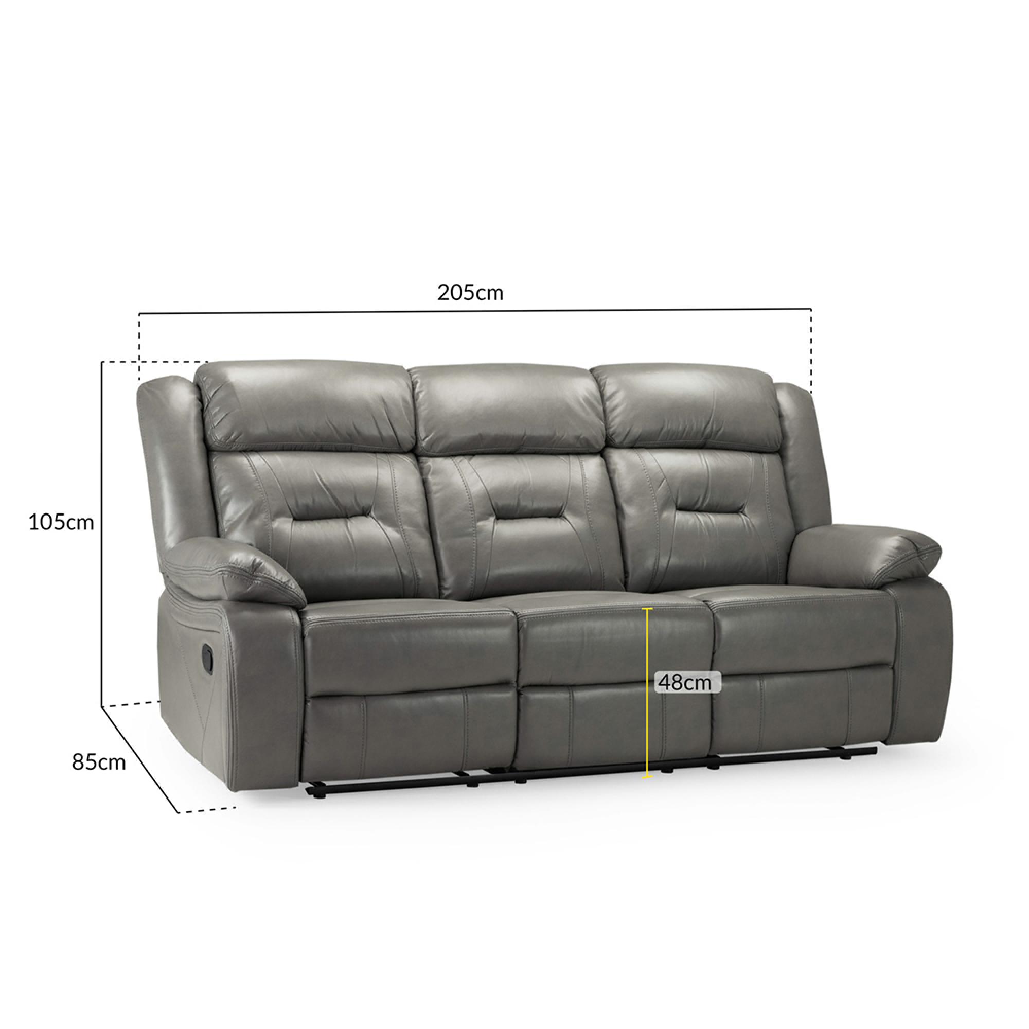 Novie Manual Recliner Sofa - Grey Faux Leather - 3 Seater