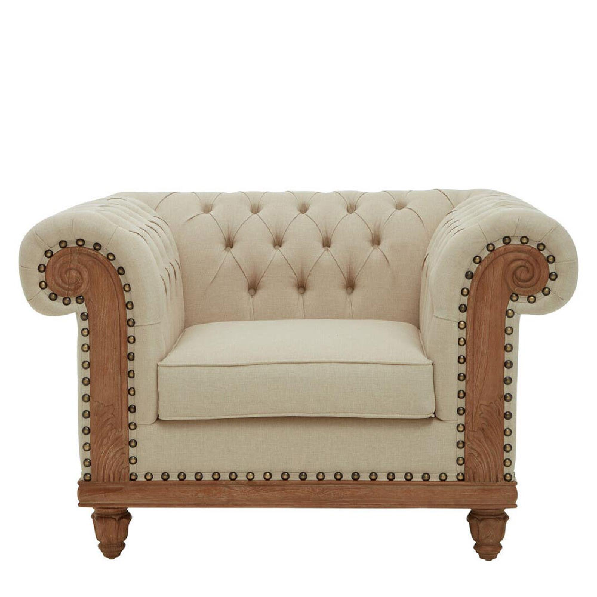 Cabra Chesterfield Armchair - Cream Fabric with Mahogany Wood