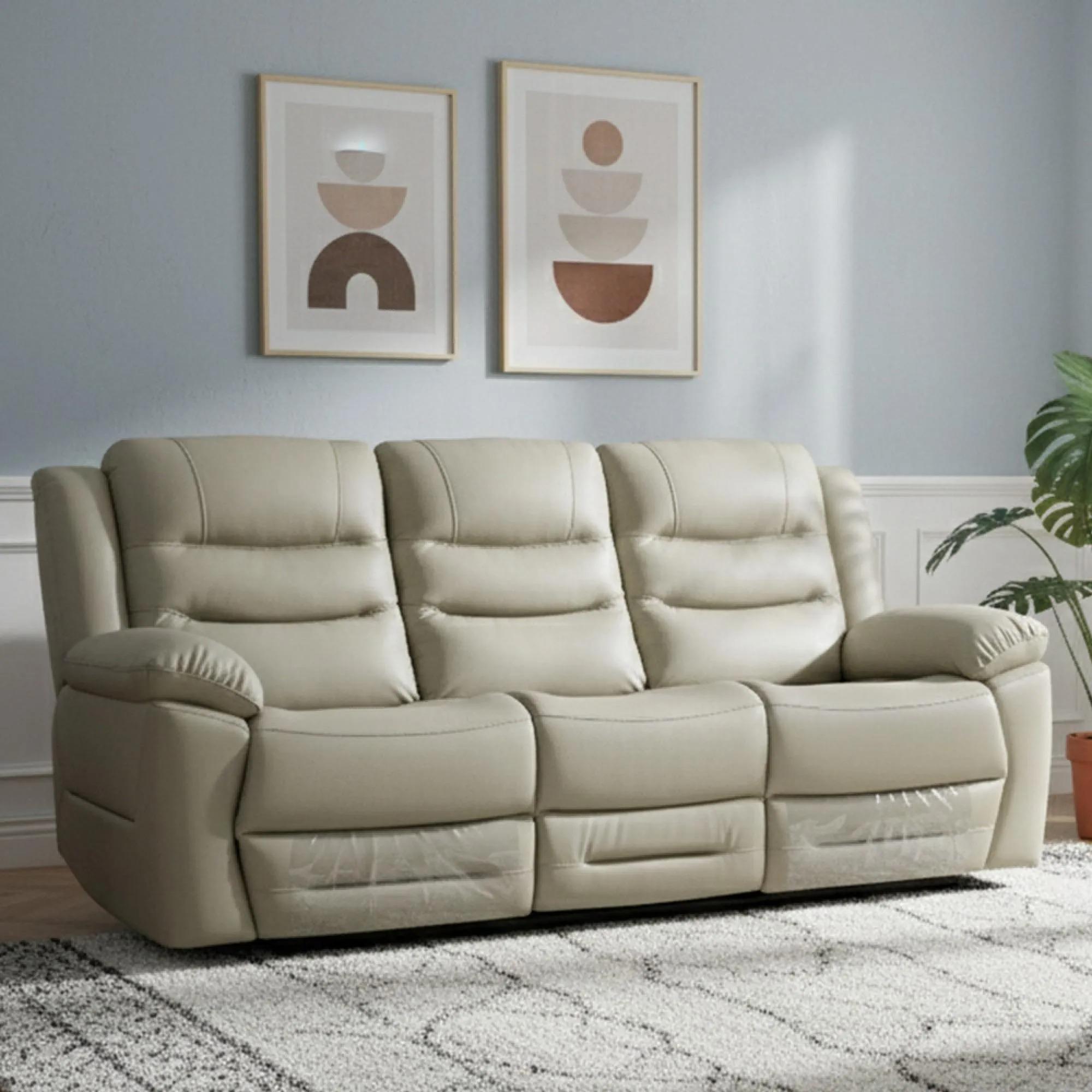 Alexandra Warm Grey Leather 3 Seater Recliner Sofa