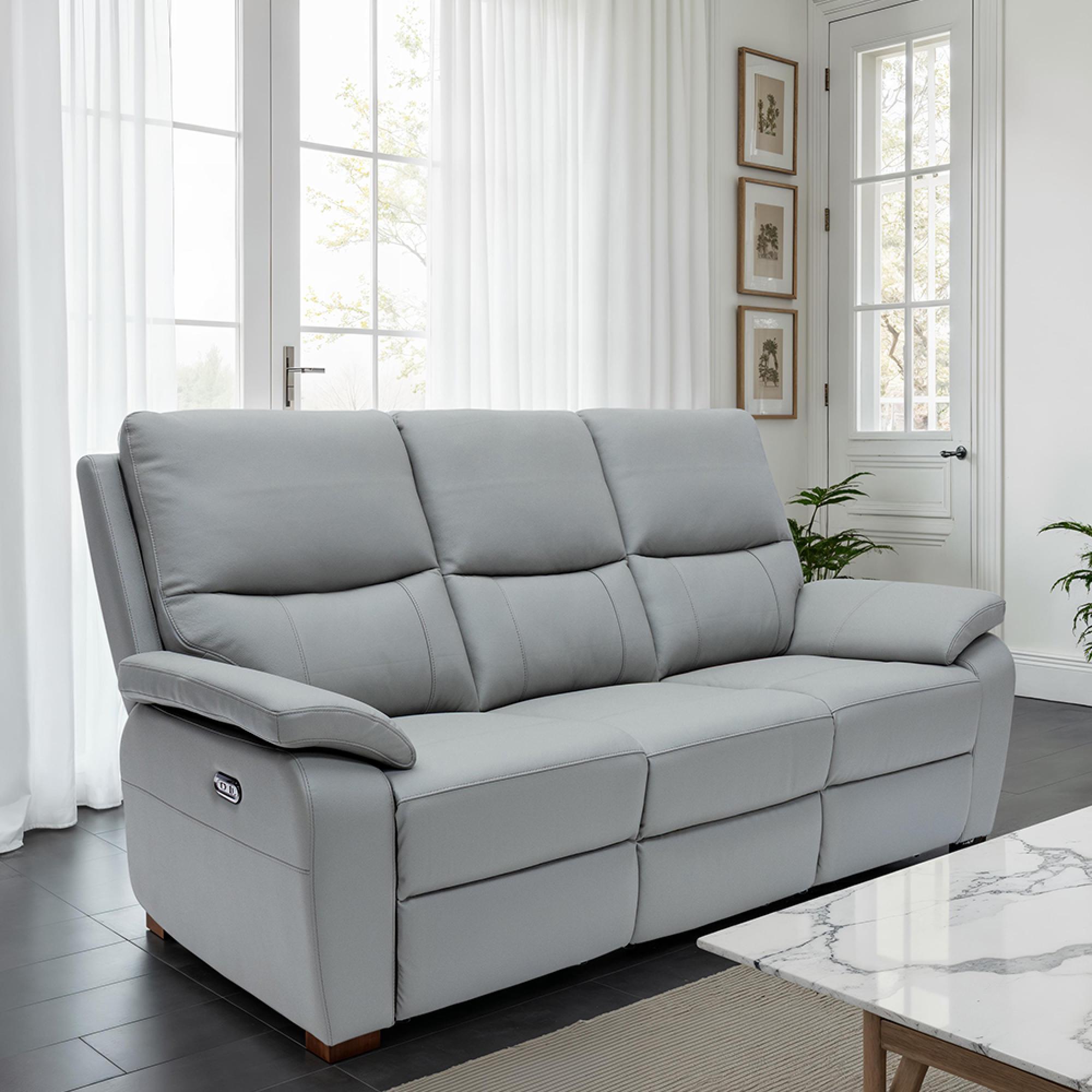 Cannes Sofa - 3 Seater - Electric Recliner - Leather - Grey