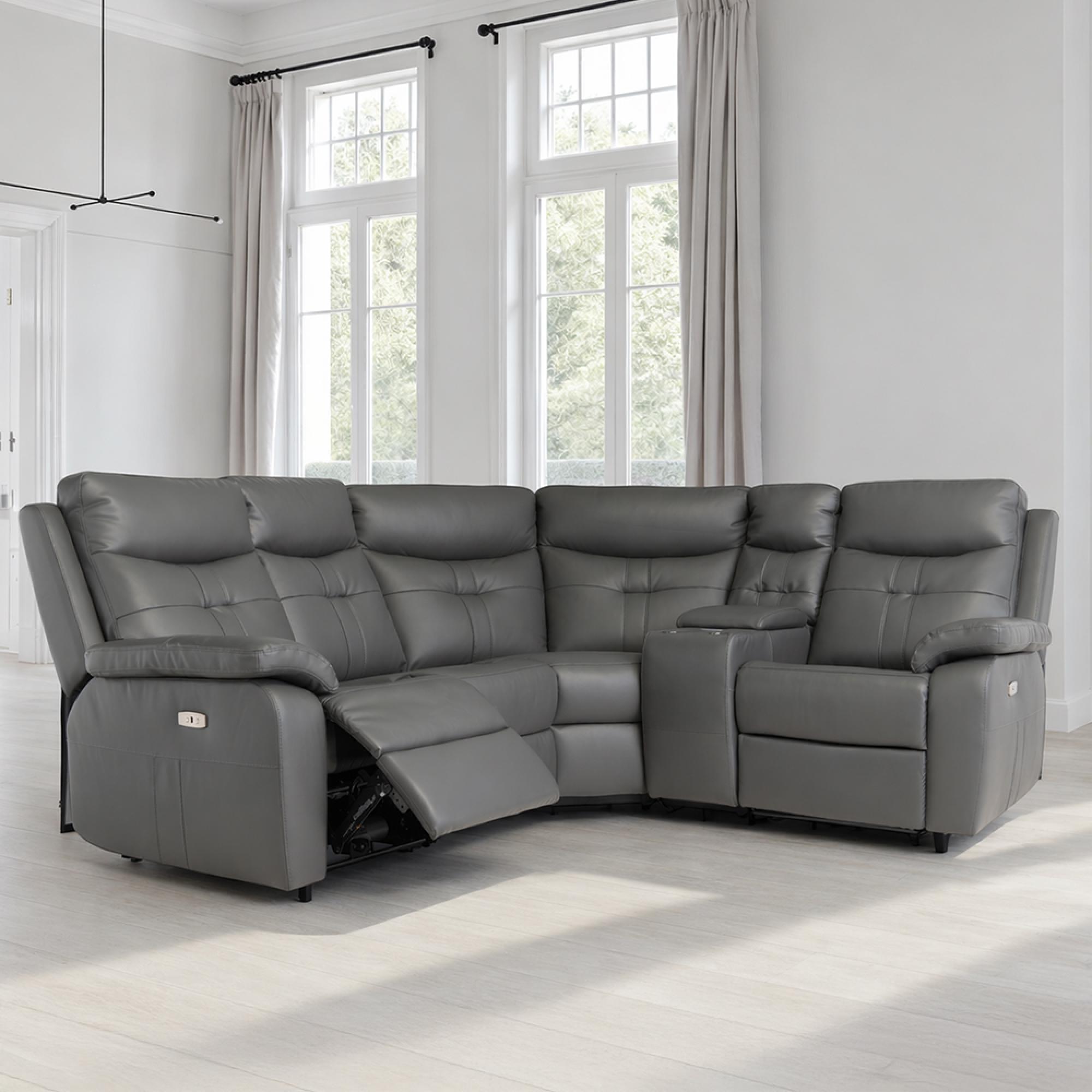 Sophia Corner Sofa - Electric Recliner - Leather - Charcoal