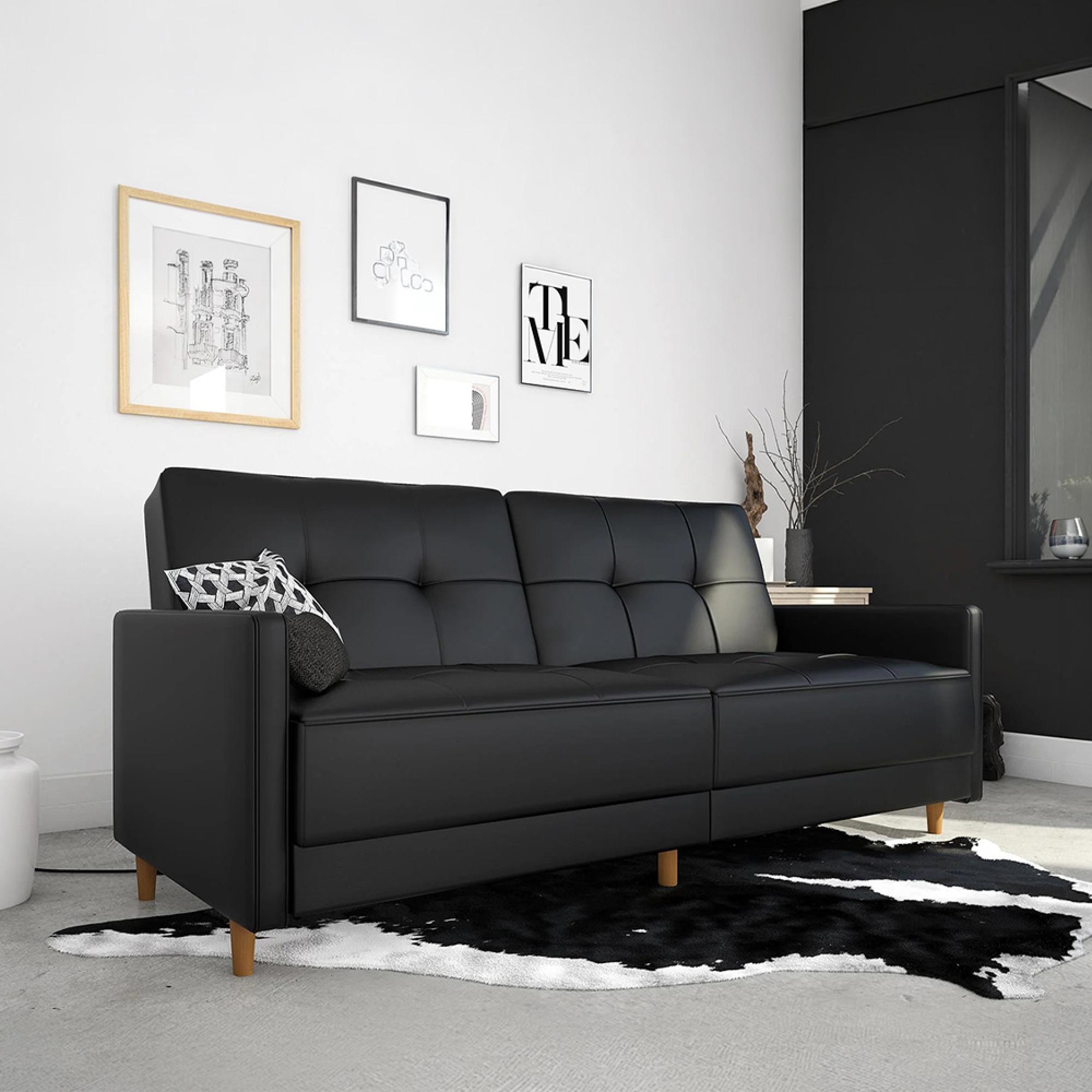 Andora Sprung Sofa Bed - 3 Seater - Black Faux Leather - 2146009UK