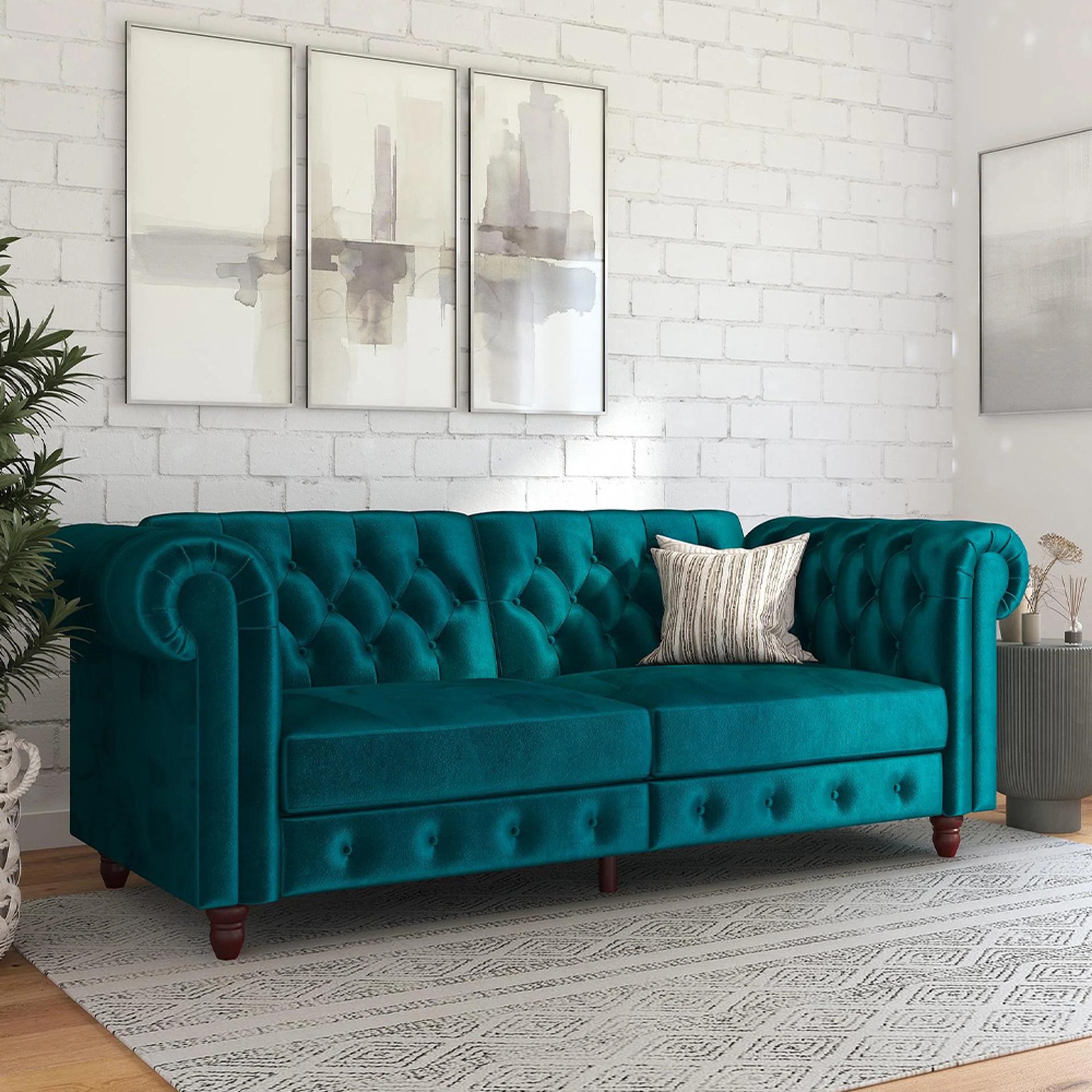 Felix Chesterfield Sofa Bed - 3 Seater - Teal Velvet Fabric - 2258979UK