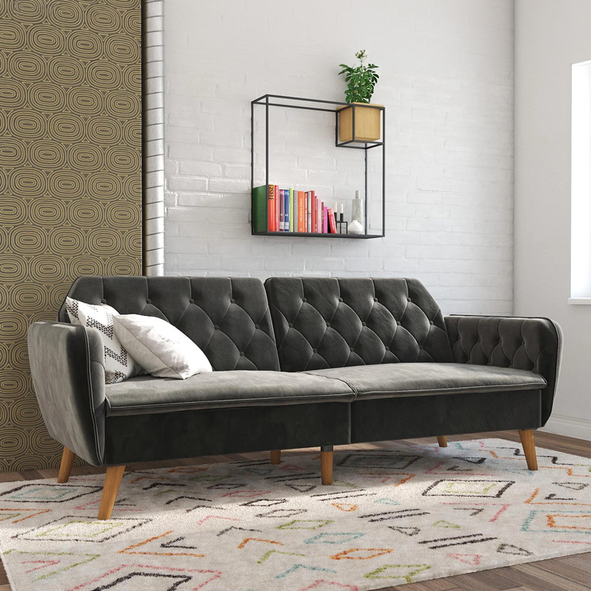 Novogratz Tallulah Futon Sofa Bed - Grey Velvet Fabric - 2144479NUK