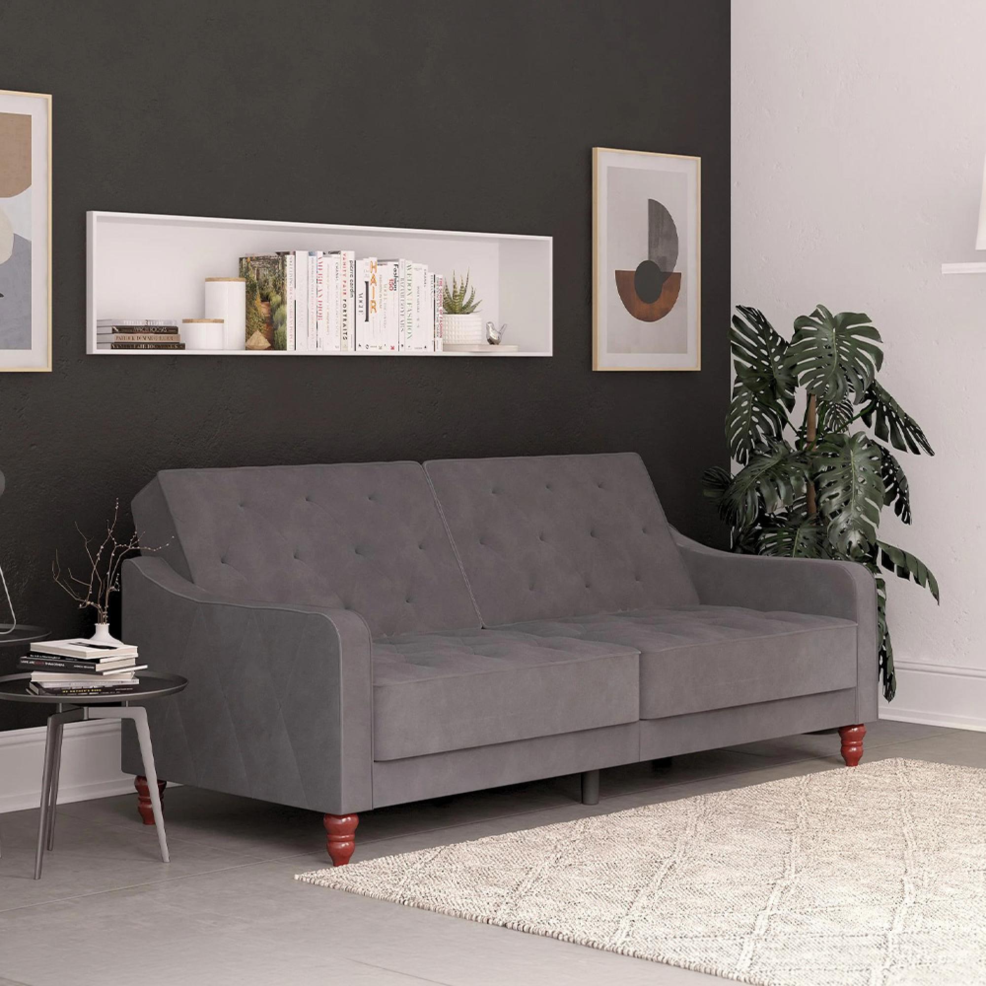 Novogratz Vintage Tufted Futon Sofa Bed - Grey Velvet Fabric - 2238479NUK