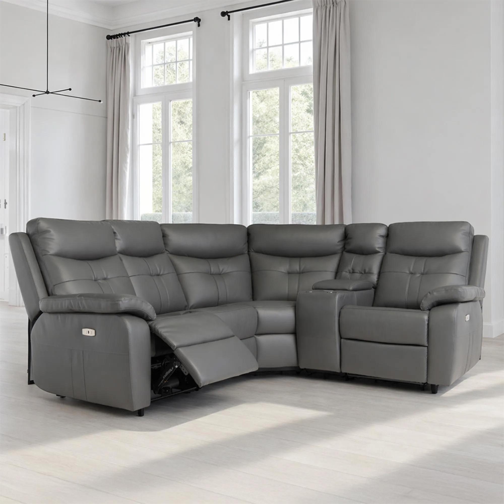 Sophia Corner Sofa - Electric Recliner - Leather - Charcoal