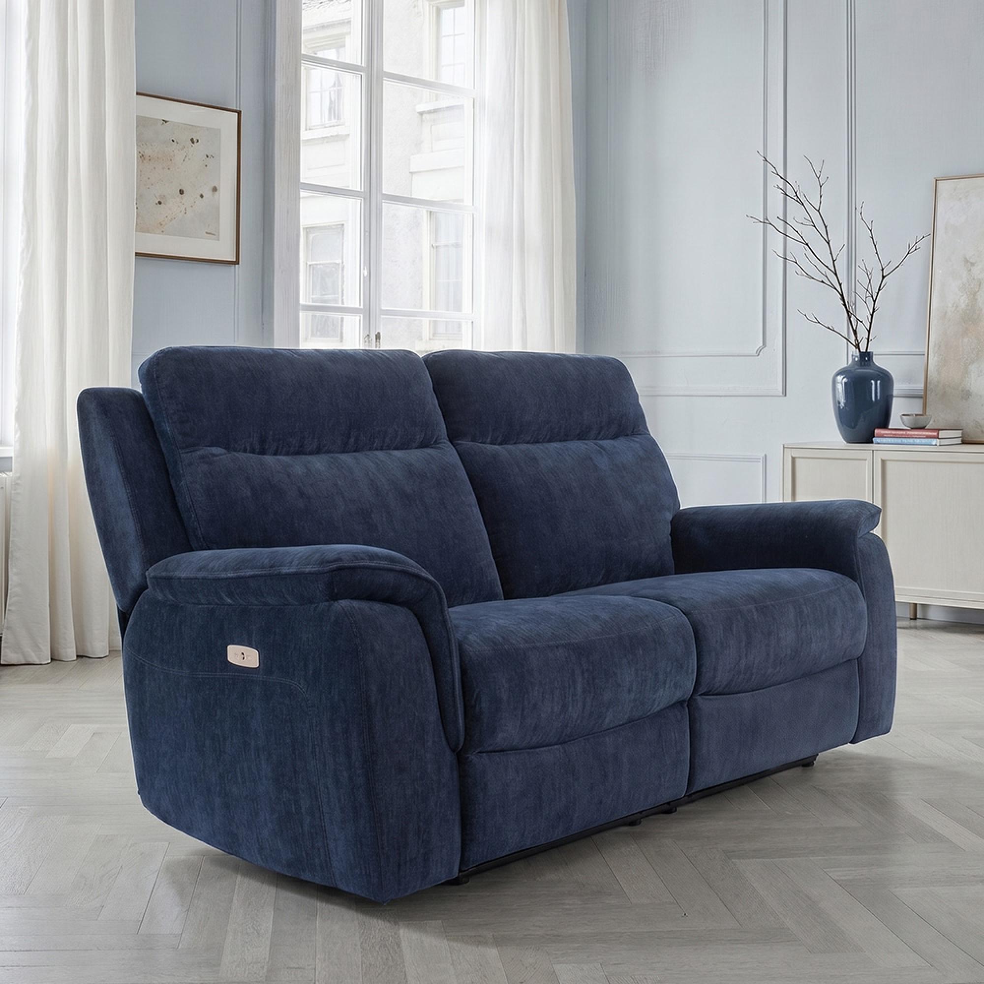 Havana Sofa - 2 Seater - Electric Recliner - Blue Fabric