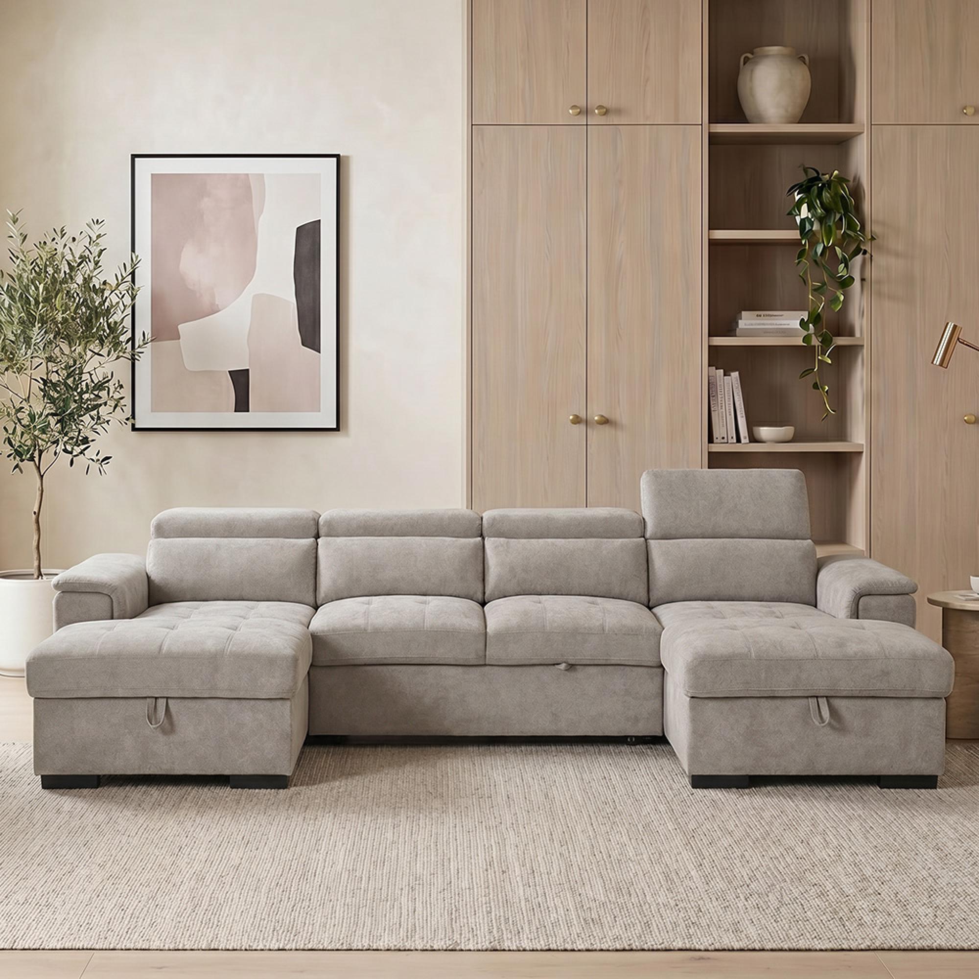 Alaya U Shape Corner Sofa Bed - Beige Fabric - Pull Out