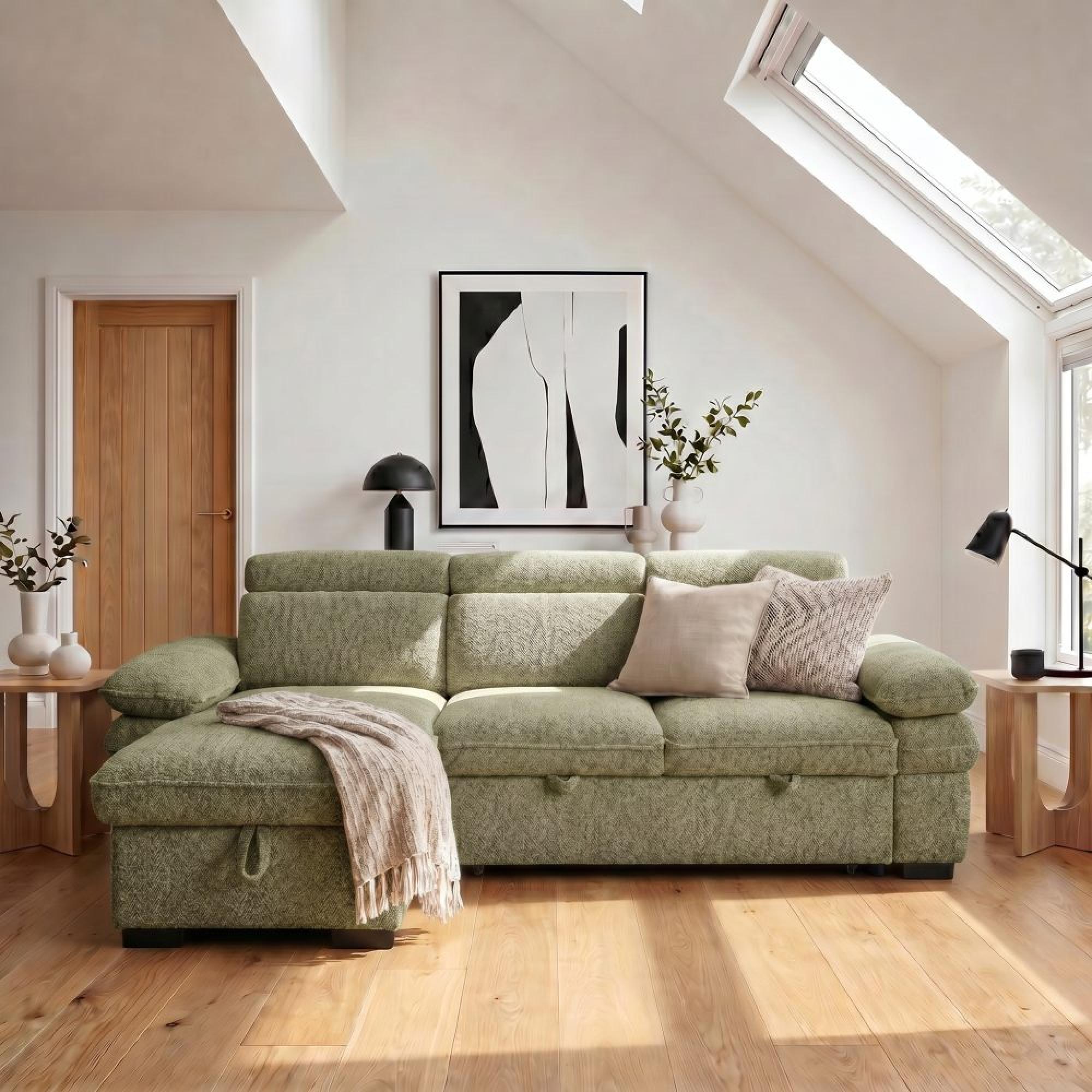 Hudson Universal Corner Sofa Bed - Green Fabric - Pull Out