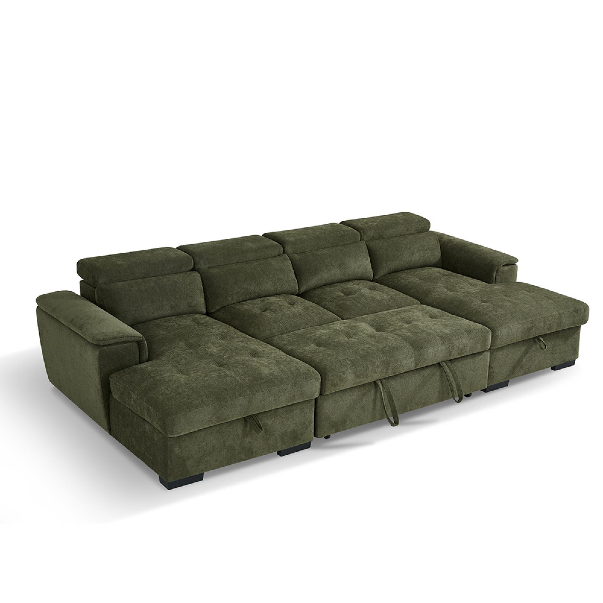 Alaya U Shape Corner Sofa Bed - Green Fabric - Pull Out