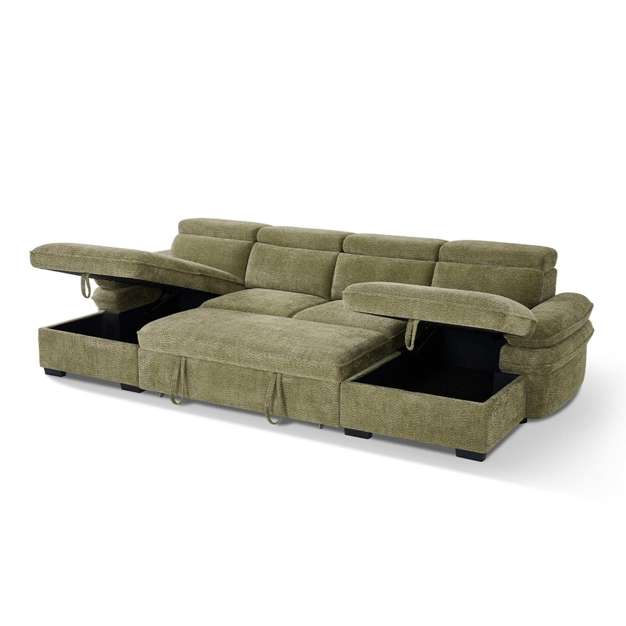 Hudson U Shape Corner Sofa Bed - Green Fabric - Pull Out