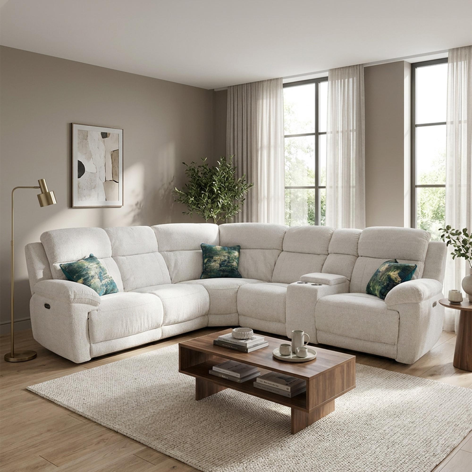 Owen Electric Recliner Corner Sofa - Beige Fabric - Console