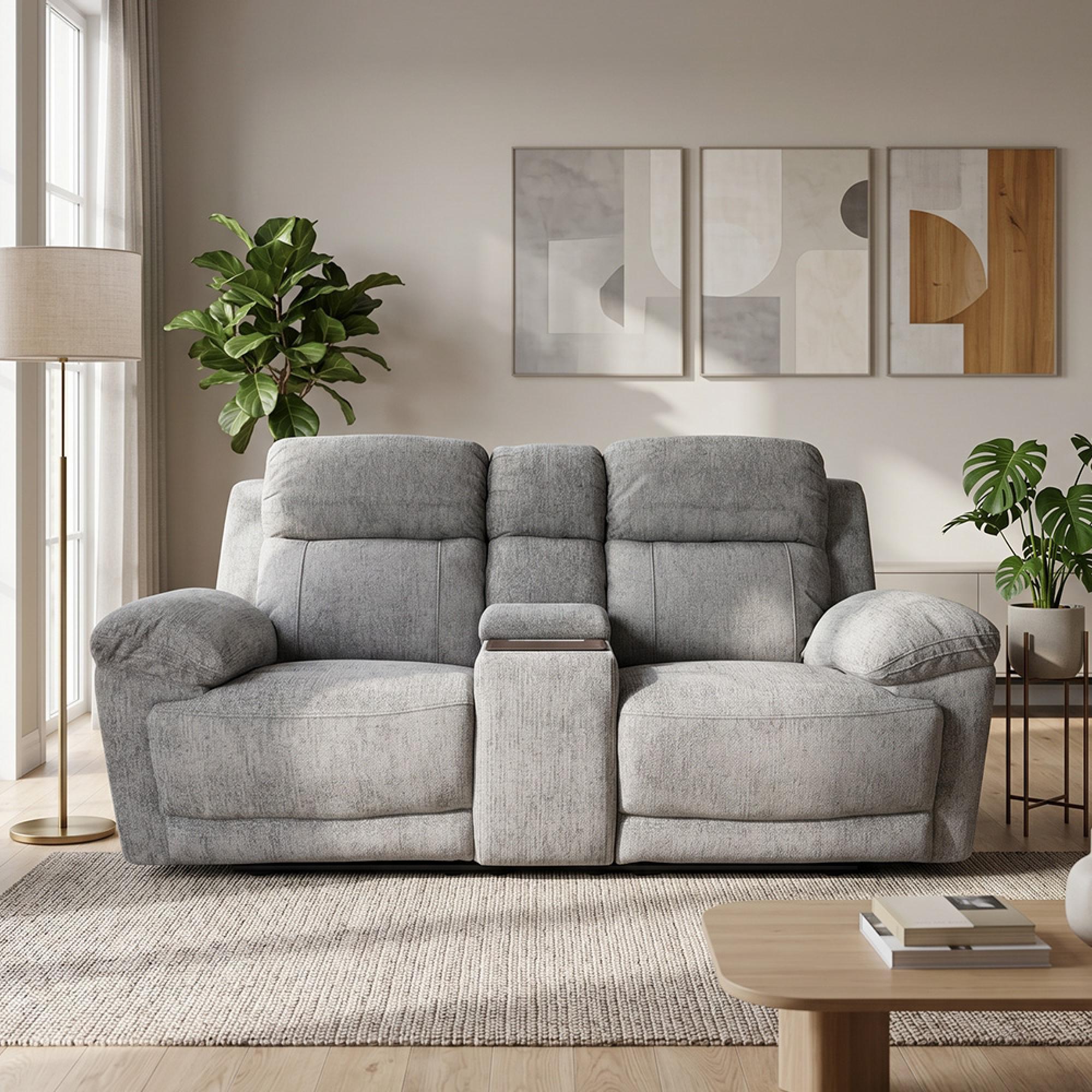 Owen Electric Recliner Sofa - Grey Fabric - 2 Seater - Console
