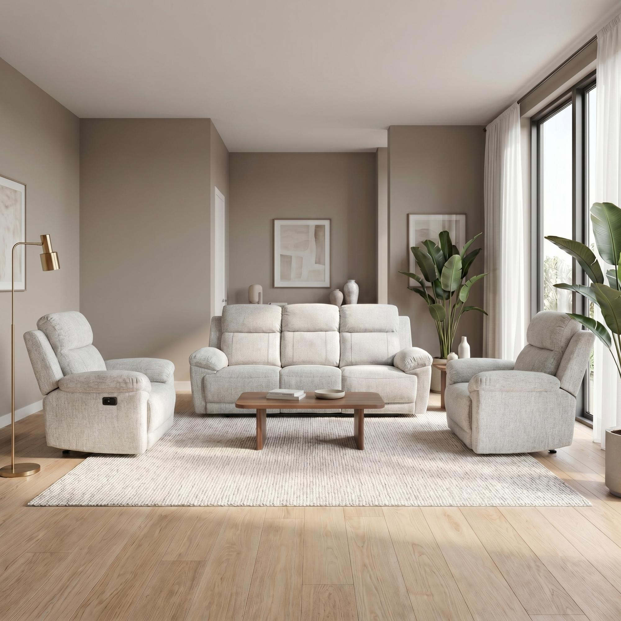 Owen Electric Recliner Sofa Set - Beige Fabric - 3+1+1 Seater