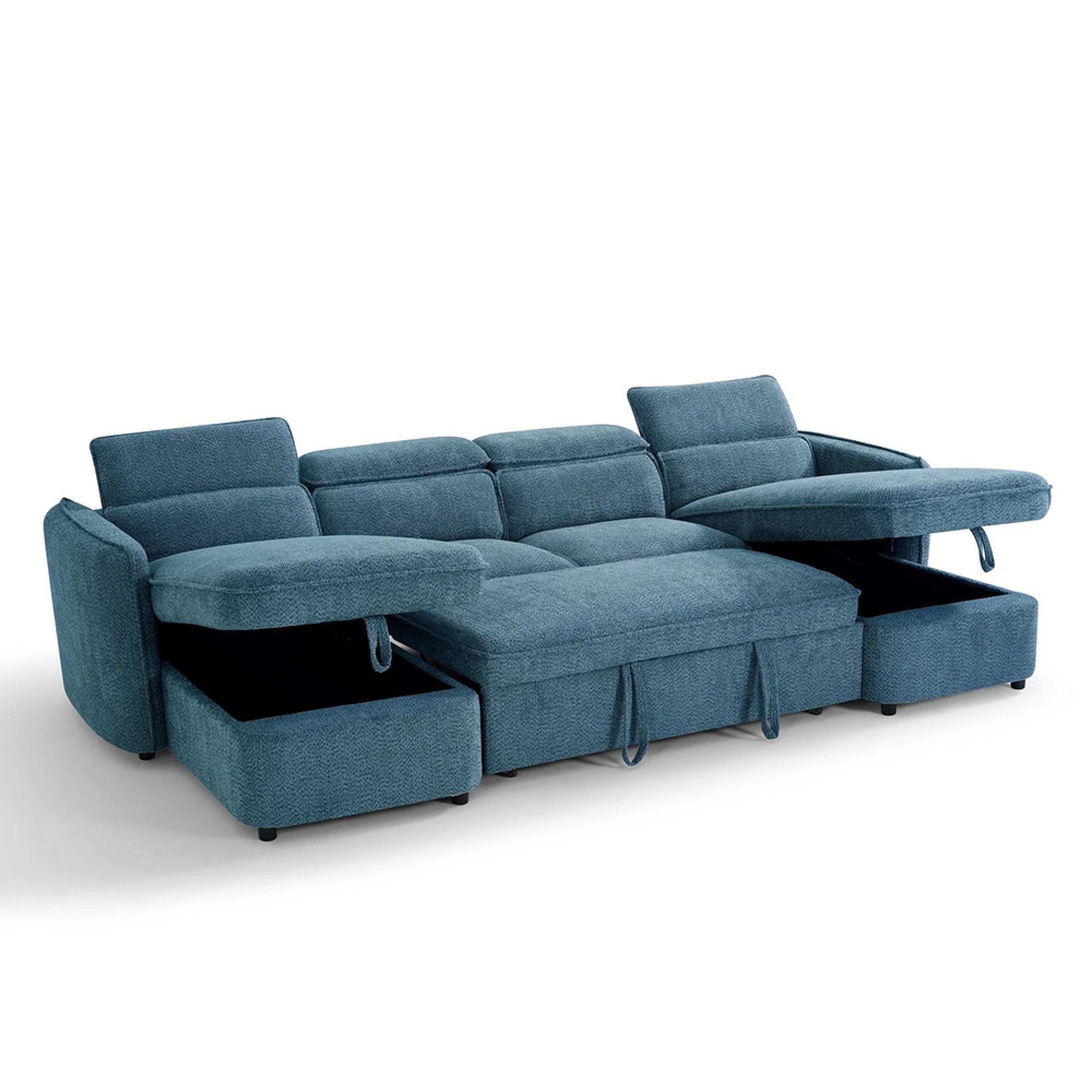 Capri U Shape Corner Sofa Bed - Blue Fabric - Pull Out