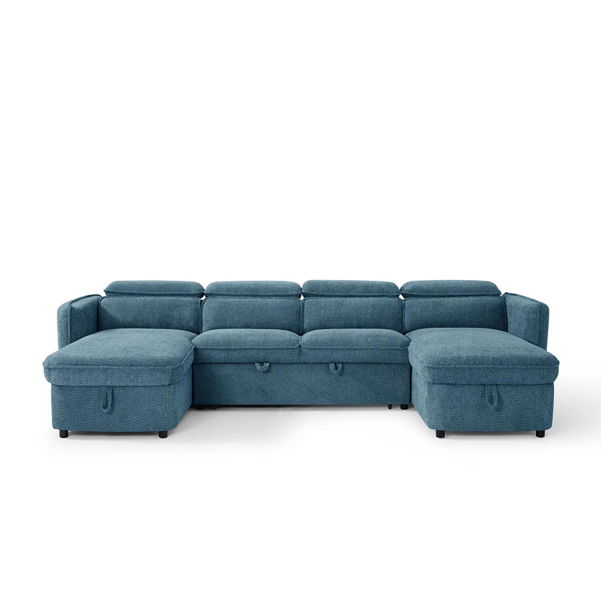 Capri U Shape Corner Sofa Bed - Blue Fabric - Pull Out