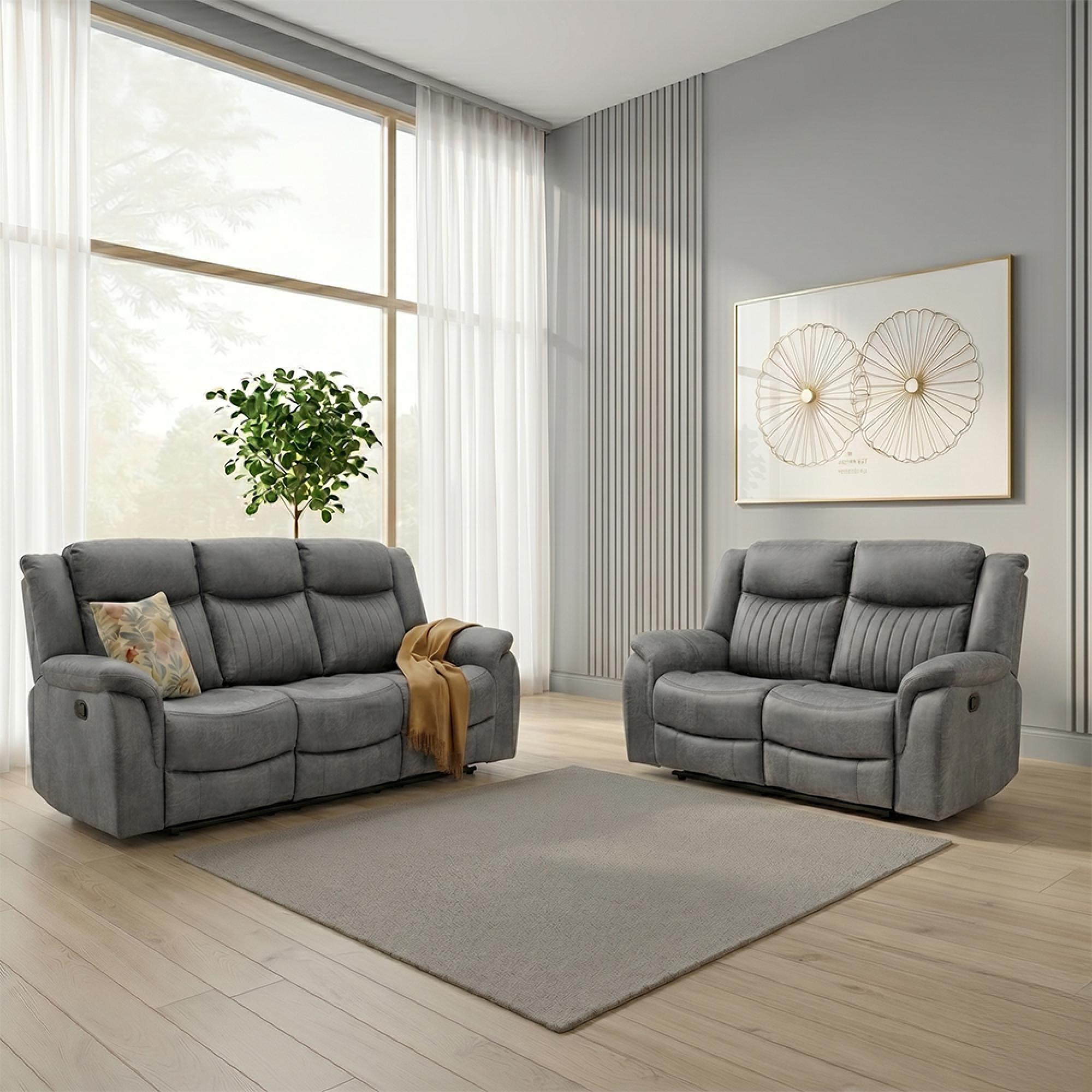 Leon Electric Recliner Sofa - Grey Fabric - 3+2 Seater