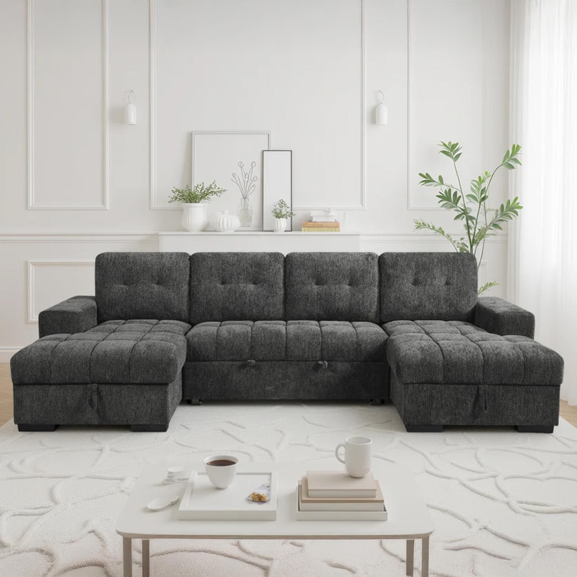 Palermo U Shape Corner Sofa Bed - Grey Fabric - Pull Out