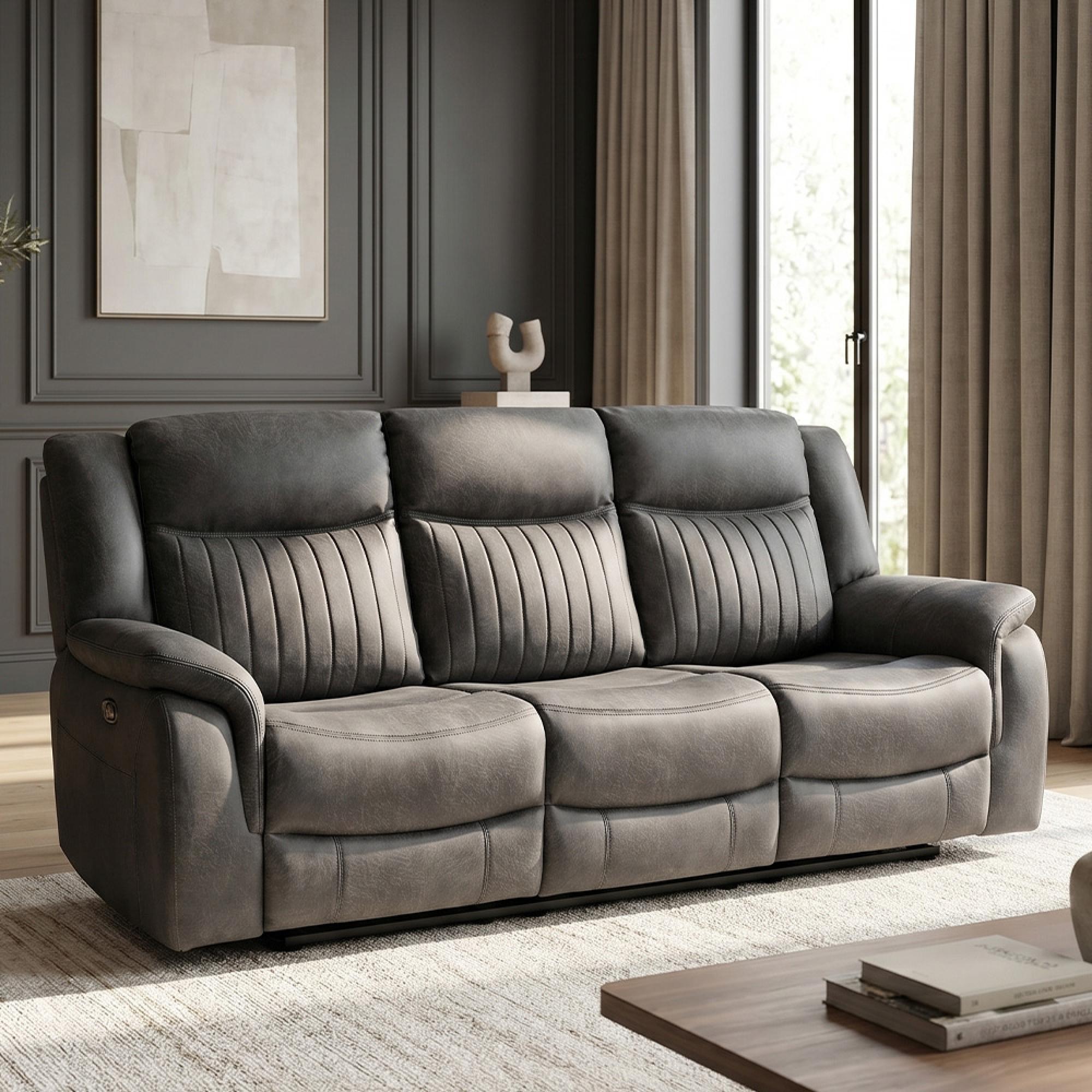 Leon Electric Recliner Sofa - Grey Fabric - 3 Seater