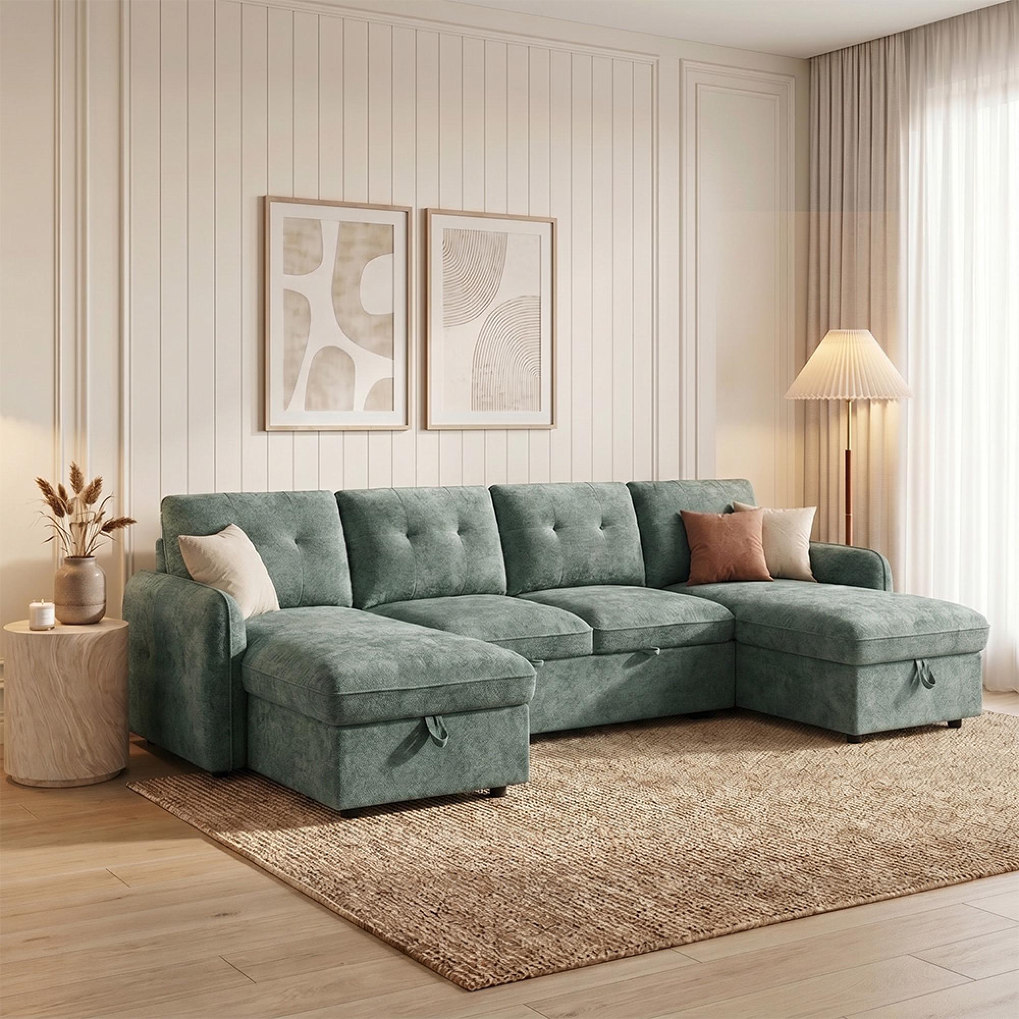 Moscow U Shape Corner Sofa Bed - Green Fabric - Pull Out