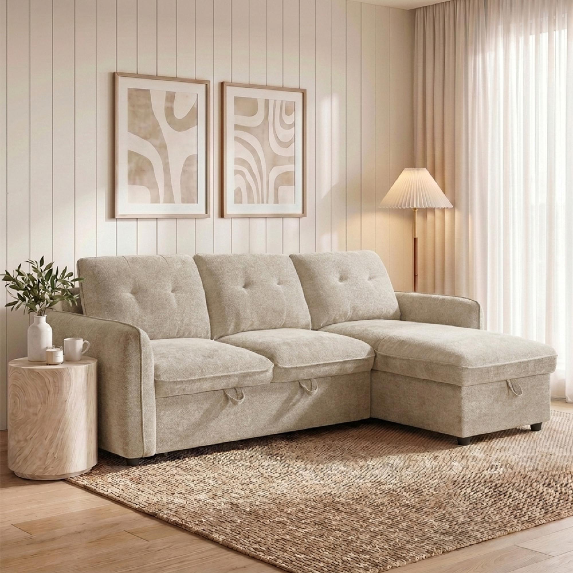 Moscow Universal Corner Sofa Bed - Beige Fabric - Pull Out